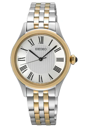 SEIKO 30MM ROUND SILVER ROMAN DIAL GOLD TONE BEZEL LINK BRACELET STAINLESS/GOLD TONE
