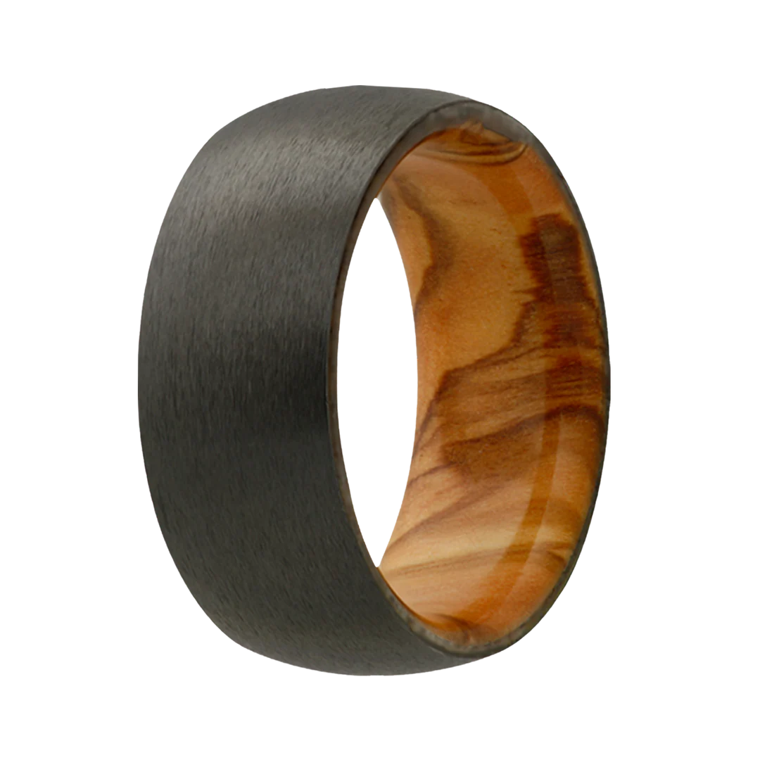 GTS 7MM ZIRCONIUM DOME SATIN FINISH BAND WITH OLIVE WOOD INNER SLEEVE SIZE 8.5