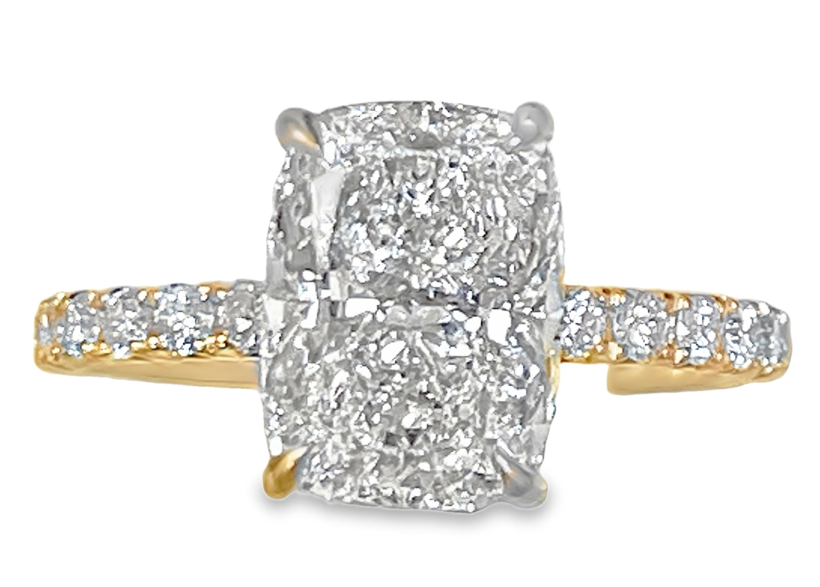 SUPER MAN MADE CREATED 3.45CTW DIAMOND ENGAGEMENT RING CONTAINING: 3.01CT 100-FACET ELONGATED CUSHION DIAMOND CENTER F VS2 FDX 74024870115 + 32 ROUND MELEE DIAMONDS .44CTW 14KY