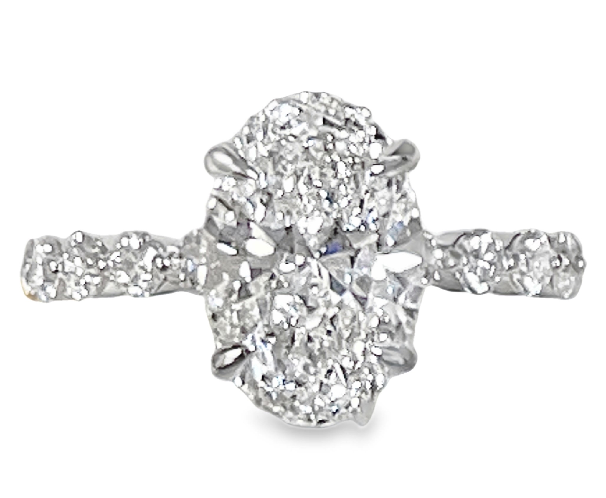 SUPER MAN MADE CREATED 3.75CTW DIAMOND ENGAGEMENT RING CONTAINING: 3.09CT 100 FACET OVAL DIAMOND CENTER F VS1 FDX 74014290104 + 10 ROUND MELEE DIAMONDS .66CTW 14KW