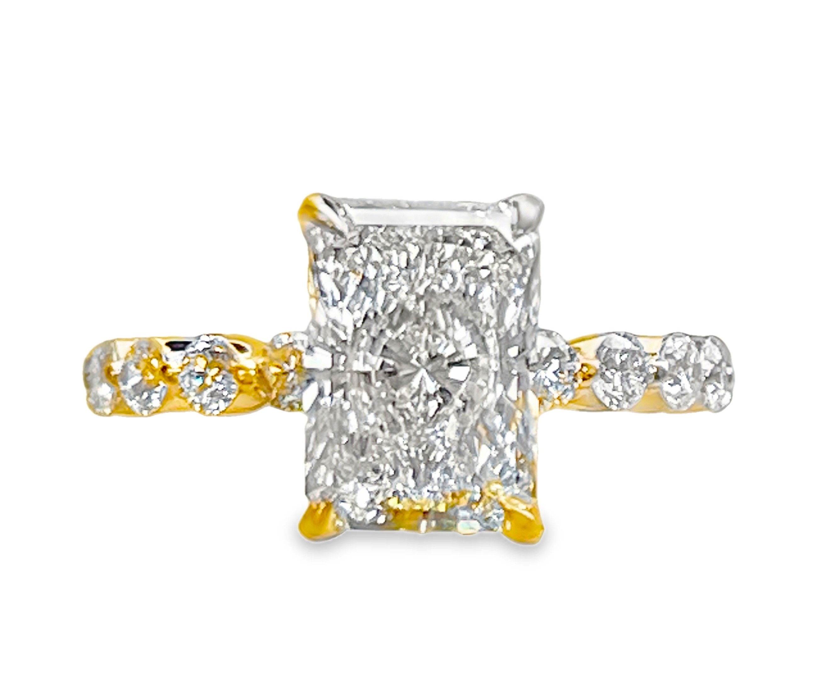 SUPR MAN MADE CREATED 3.68CTW ENGAGEMENT RING CONTAINING: 3.04CT 100-FACET RADIANT CUT CENTER DIAMOND F VVS2 + 10 ROUND MELEE DIAMONDS .64CTW 14KY