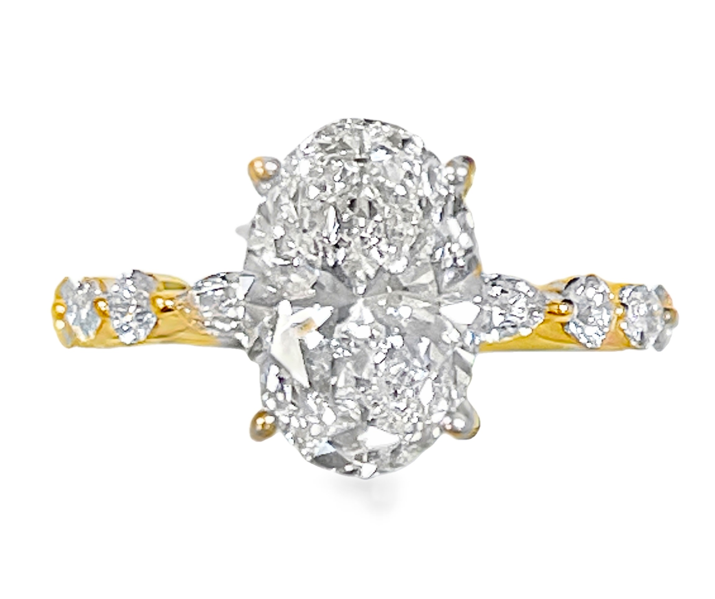 SUPER MAN MADE CREATED 3.84CTW DIAMOND ENGAGEMENT RING CONTAINING: 3.02CT 100-FACET OVAL DIAMOND E VS2 FDX 74008750107 + 6 MARQUISE + 4 ROUND DIAMONDS .82CTW 14KY