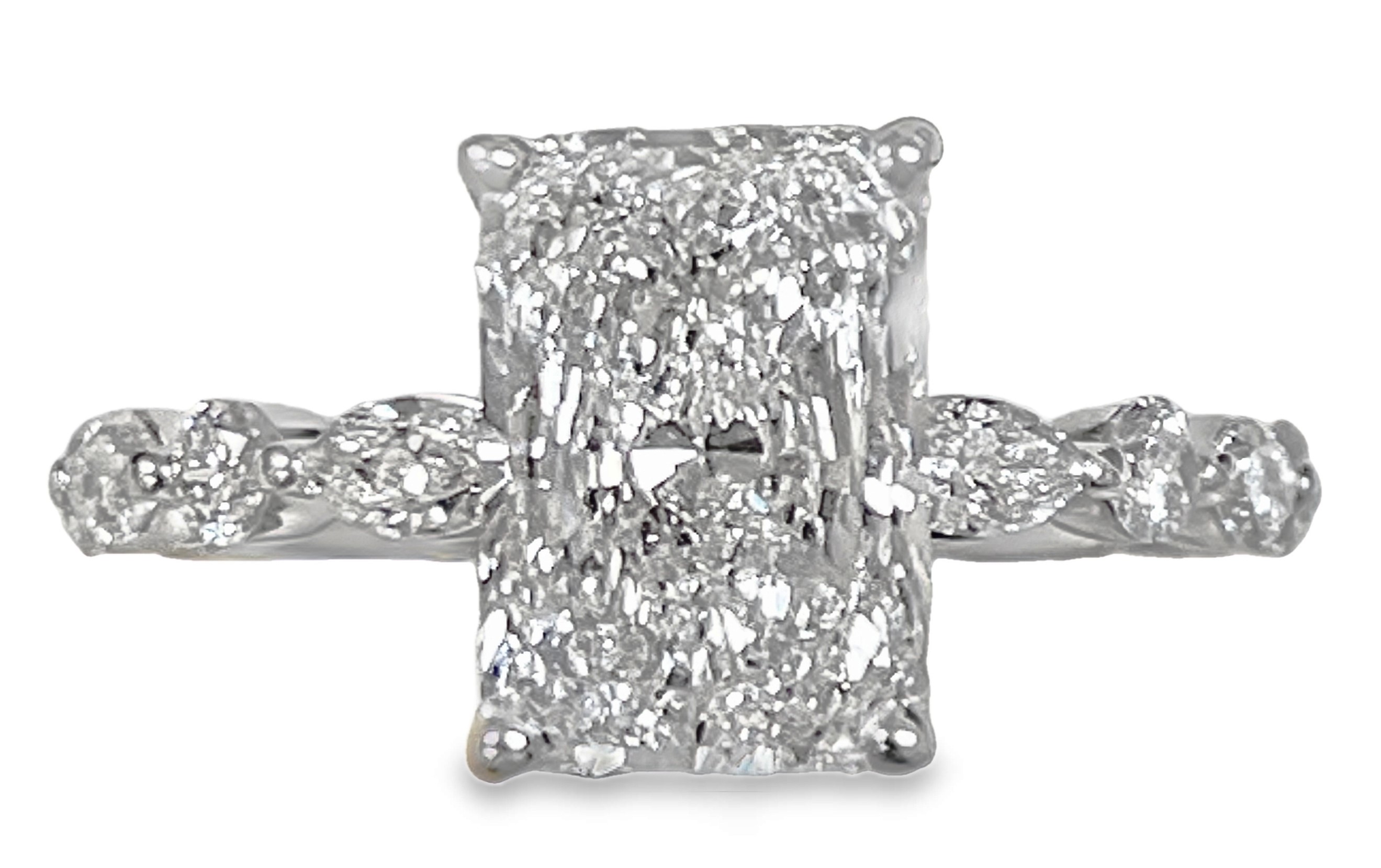 SUPER MAN MADE CREATED 3.84CTW DIAMOND ENGAGEMENT RING CONTAINING: 3.02CT 100-FACET RADIANT CUT DIAMOND F VVS2 FDX 74008750104 + 6 MARQUISE + 4 ROUND DIAMONDS .82CTW 14KW