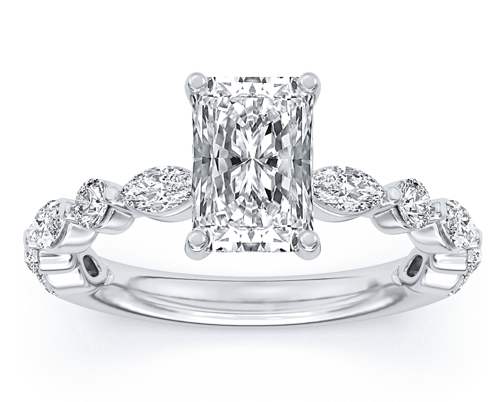 SUPER MAN MADE CREATED 3.84CTW DIAMOND ENGAGEMENT RING CONTAINING: 3.02CT 100-FACET RADIANT CUT DIAMOND F VVS2 FDX 74008750104 + 6 MARQUISE + 4 ROUND DIAMONDS .82CTW 14KW