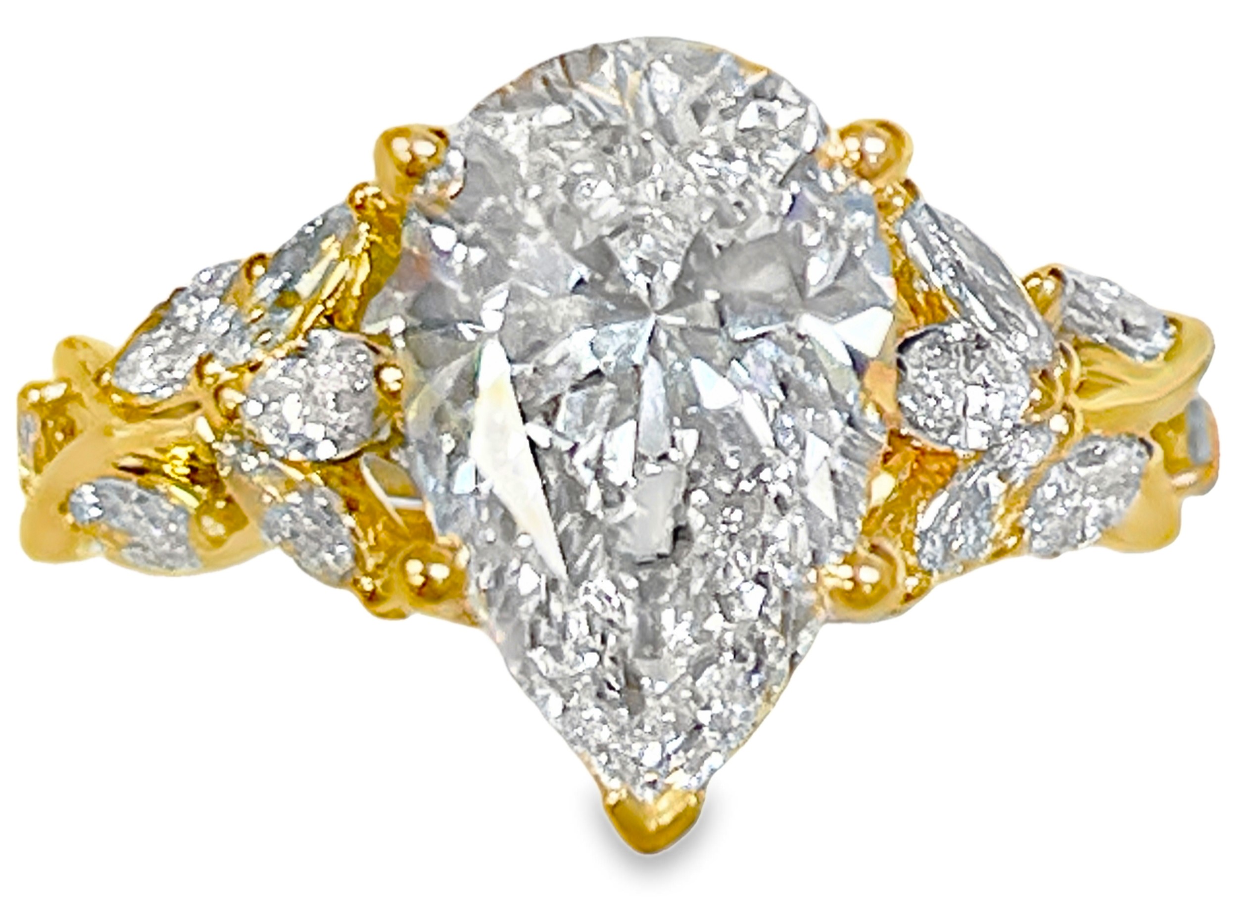 SUPER MAN MADE CREATED 4.00CTW ENGAGEMENT RING CONTAINING: 3.11CT 100-FACET PEAR SHAPE DIAMOND F VVS2 FDX 74008750106 + 16 MARQUISE DIAMONDS .89CTW 14KY