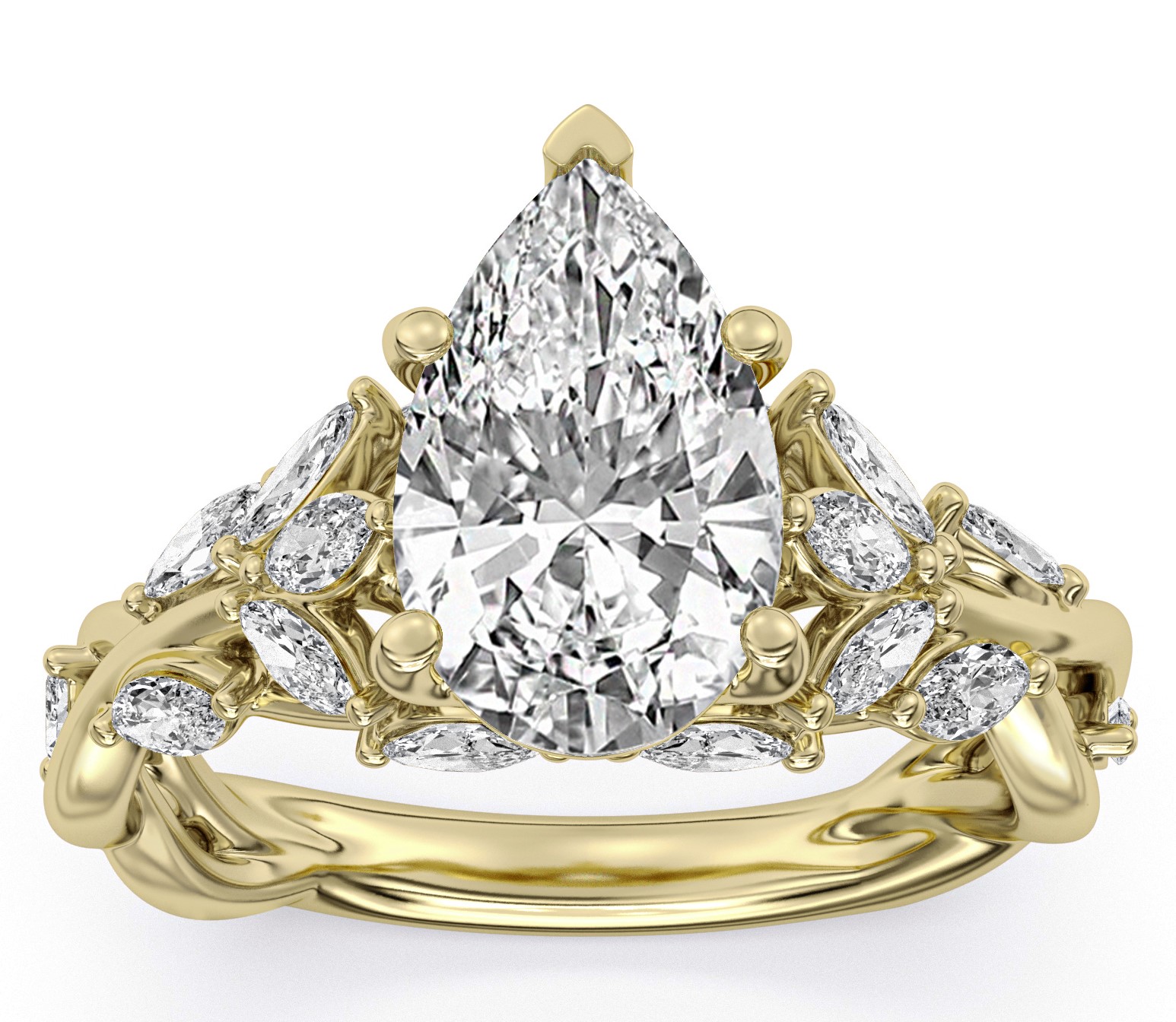 SUPER MAN MADE CREATED 4.00CTW ENGAGEMENT RING CONTAINING: 3.11CT 100-FACET PEAR SHAPE DIAMOND F VVS2 FDX 74008750106 + 16 MARQUISE DIAMONDS .89CTW 14KY
