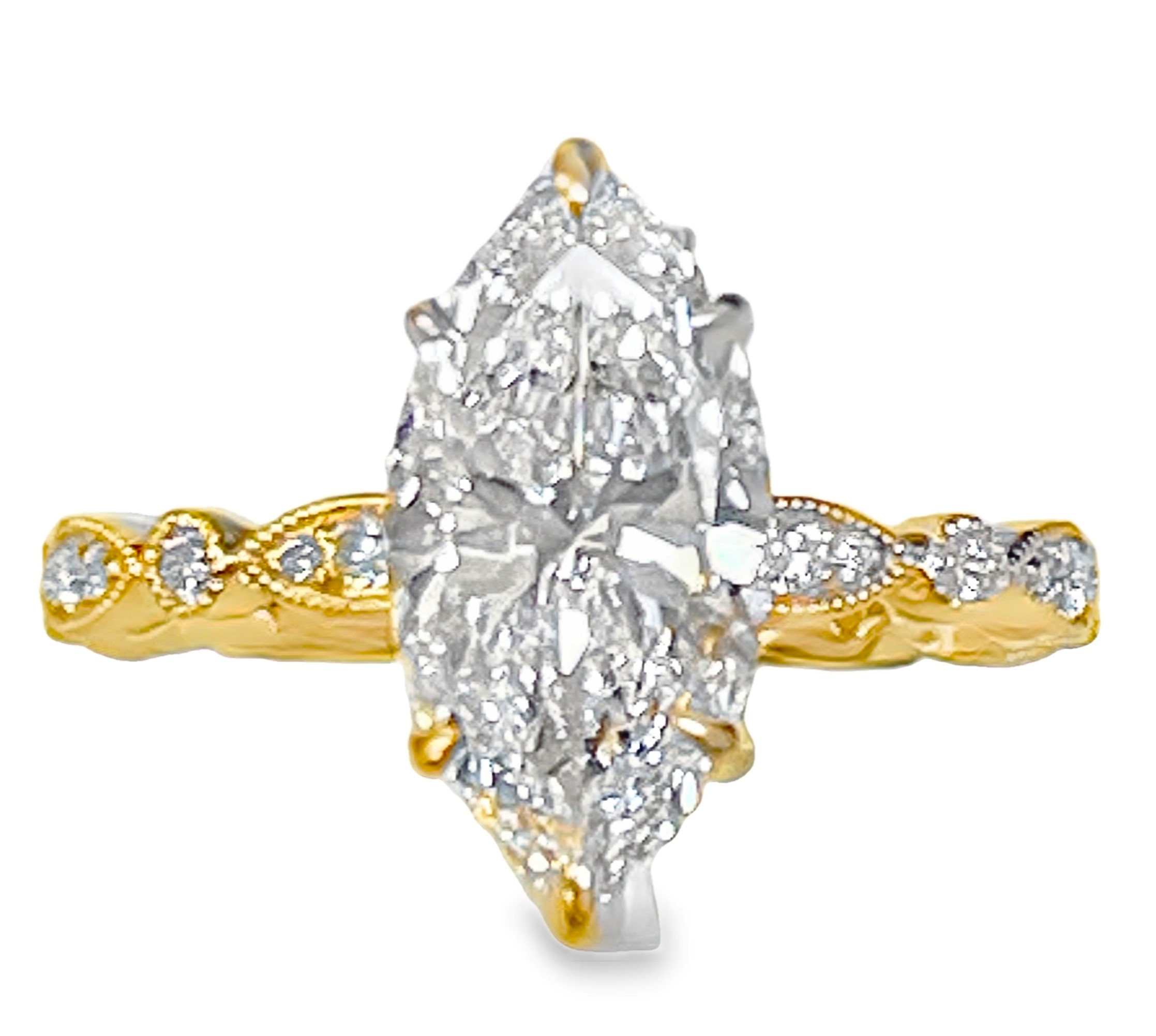 SUPER MAN MADE CREATED 2.70CTW DIAMOND ENGAGEMENT RING CONTAINING: 2.52CT 100-FACET MARQUISE DIAMOND CENTER F VS2 FDX 74034060101 + 24 ROUND MELEE DIAMONDS .18CTW 14KY