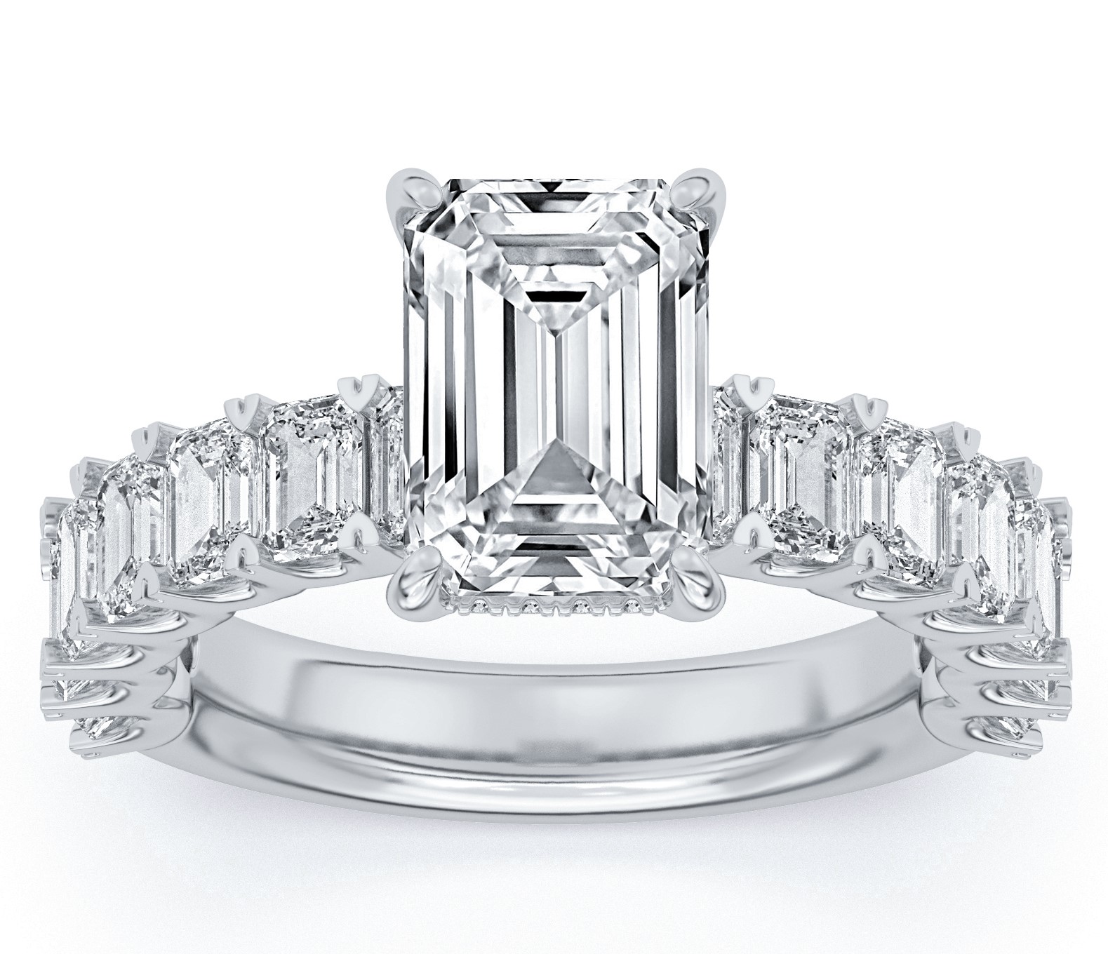 SUPER MAN MADE CREATED 5.34CTW ENGAGEMENT RING CONTAINING: 3.05CT 100-FACET EMERALD CUT DIAMOND CENTER F VS1 FDX 74000220102 + 14 EMERALD CUT DIAMONDS + 20 ROUND DIAMONDS 2.29CTW 14KW