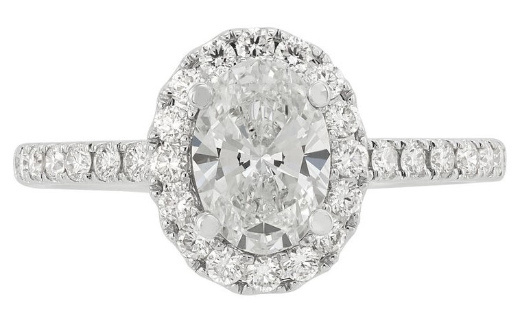 SUPER MAN MADE CREATED 2.01CTW DIAMOND OVAL HALO ENGAGEMENT RING CONTAINING: 1.51CT OVAL DIAMOND CENTER E VS1 IGI LG641481521 + 34 ROUND MELEE DIAMONDS .50CTW 14KW