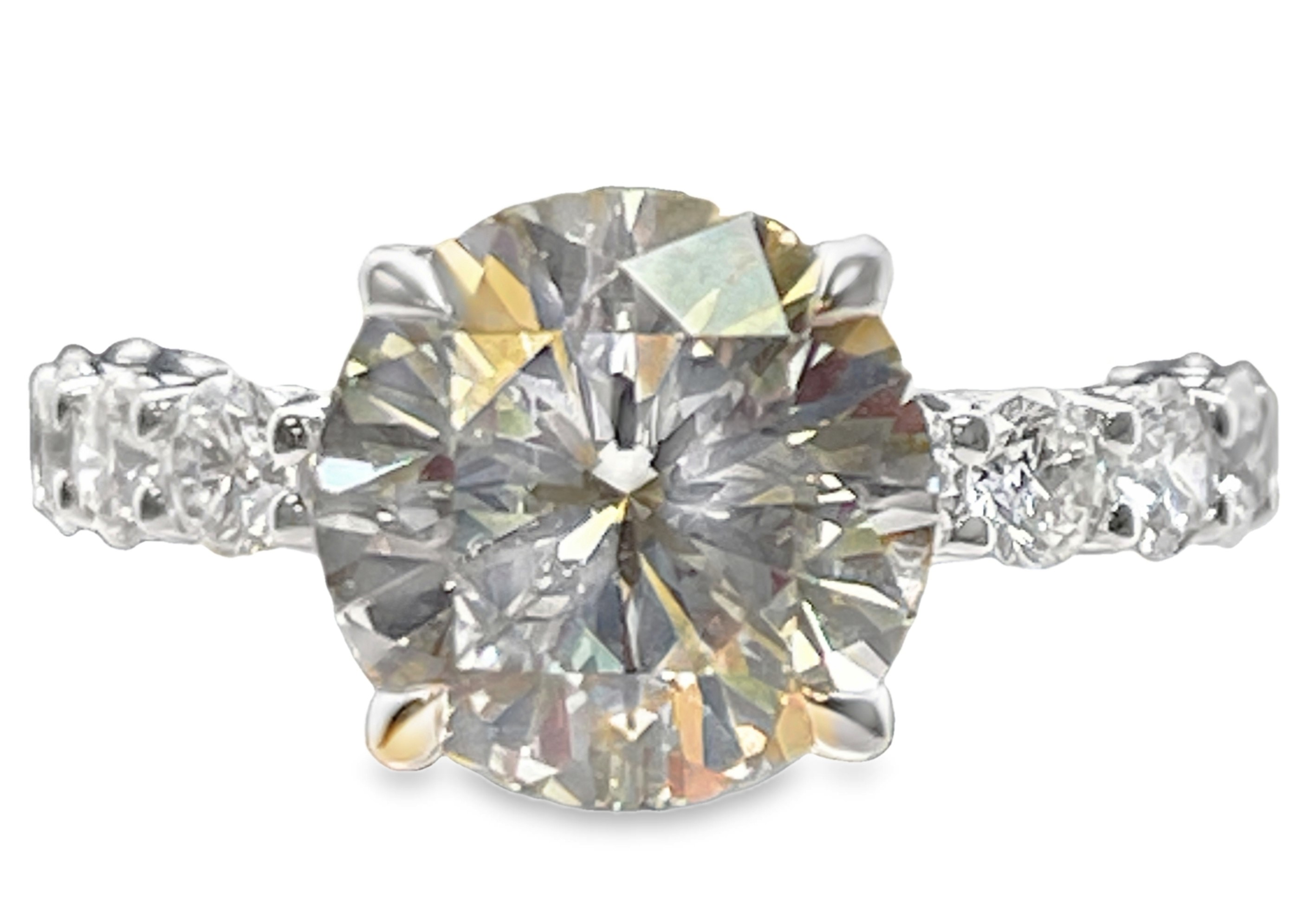 SUPER MAN MADE CREATED 6.36CTW DIAMOND ENGAGEMENT RING CONTAINING: 4.00CT ROUND 100-FACET CENTER DIAMOND E VS1 FDX 74086810101 + 58 ROUND DIAMONDS 2.36CTW 14KW