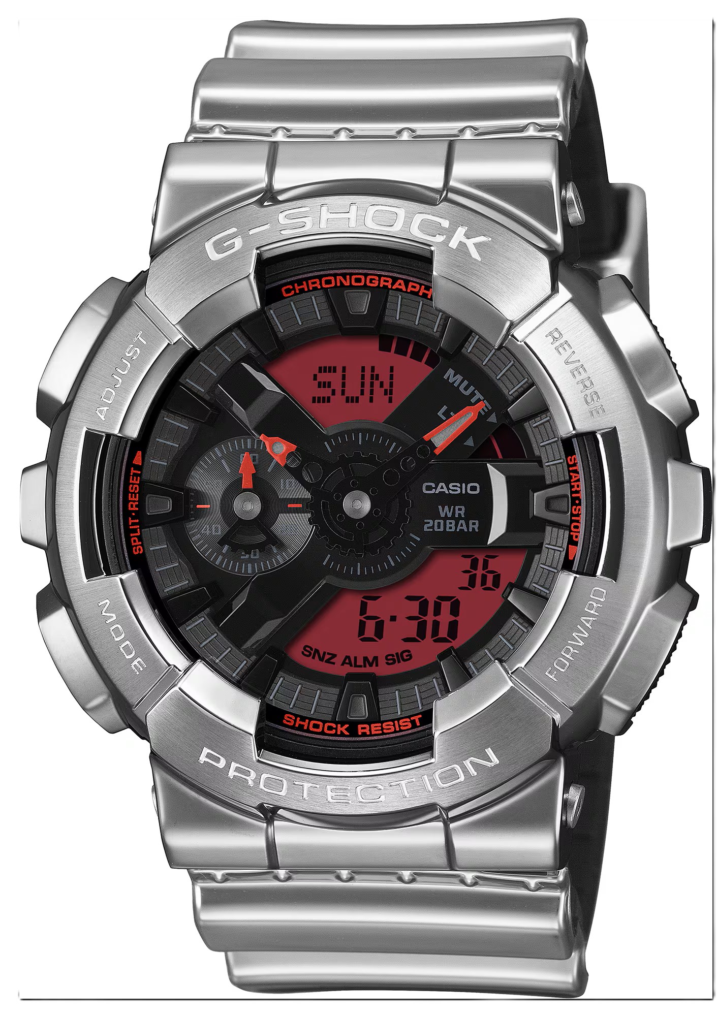 CASIO G-SHOCK GTS ANALOGUE/DIGITAL RED DIAL WATCH SILVER RESIN STRAP