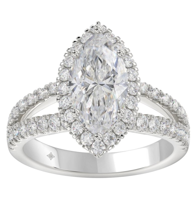 SUPER MAN MADE CREATED SPLIT-SHANK ENGAGEMENT RING CONTAINING: 2.00CT MARQUISE DIAMOND CENTER + 74 ROUND MELEE DIAMONDS 1.00CTW F-G VS1-VS2 14KW IGI CARD CERT EC-132749