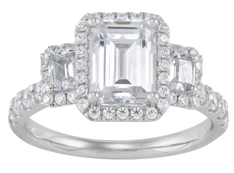 SUPER MAN MADE CREATED 3.09CTW "3-STONE" ENGAGEMENT RING CONTAINING: 2.09CT EMERALD CUT DIAMOND CENTER G VS1 IGI LG620404311 + 2 EMERALD CUT DIAMONDS + 70 ROUND MELEE DIAMONDS1.00CTW 14KW