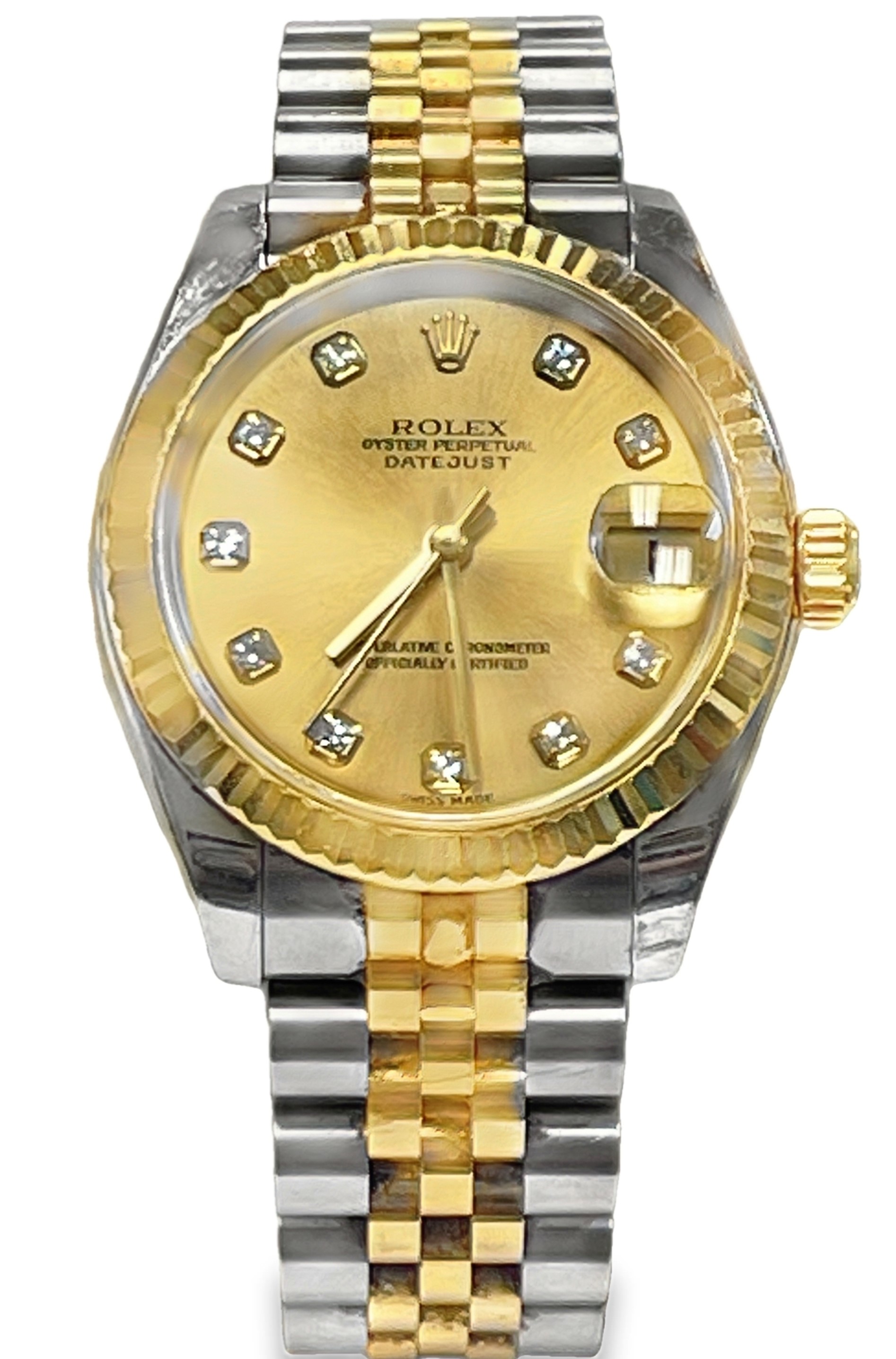 SECONDHAND ROLEX 31MM DATEJUST CHAMPAGNE 10 ROUND DIAL FLUTED BEZEL JUBILEE BRACELET YELLOW ROLESOR