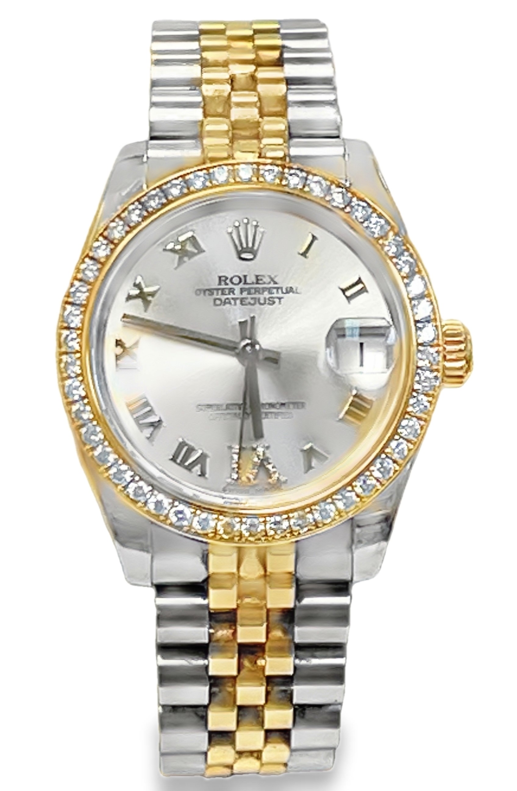 SECONDHAND ROLEX 31MM DATEJUST SILVER ROMAN DIAL  DIAMOND BEZELJUBILEE BRACELET YELLOW ROLESOR