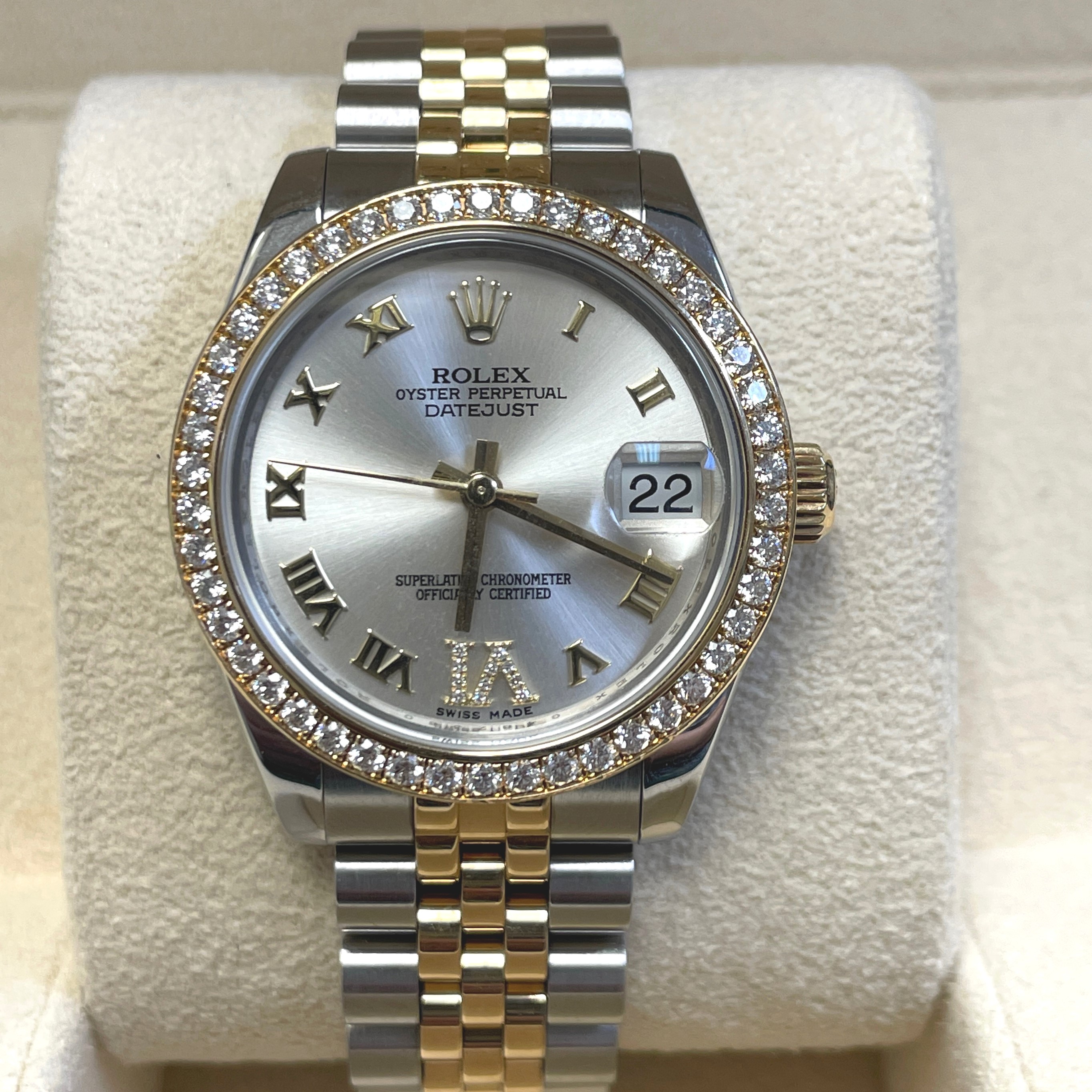 SECONDHAND ROLEX 31MM DATEJUST SILVER ROMAN DIAL  DIAMOND BEZELJUBILEE BRACELET YELLOW ROLESOR