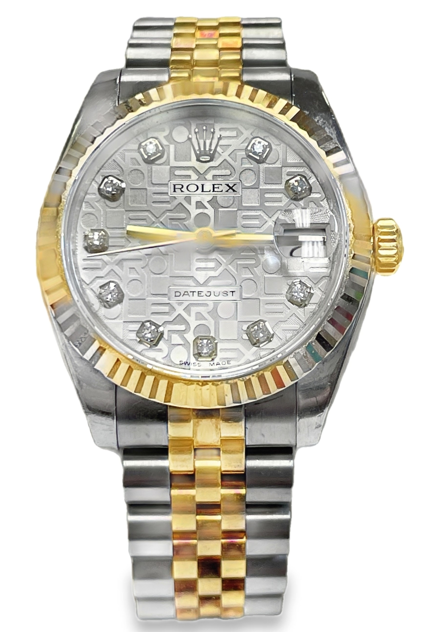 SECONDHAND ROLEX 31MM DATEJUST SILVER ANNIVERSARY DIAMOND DIAL FLUTED BEZEL JUBILEE BRACELET YELLOW ROLESOR
