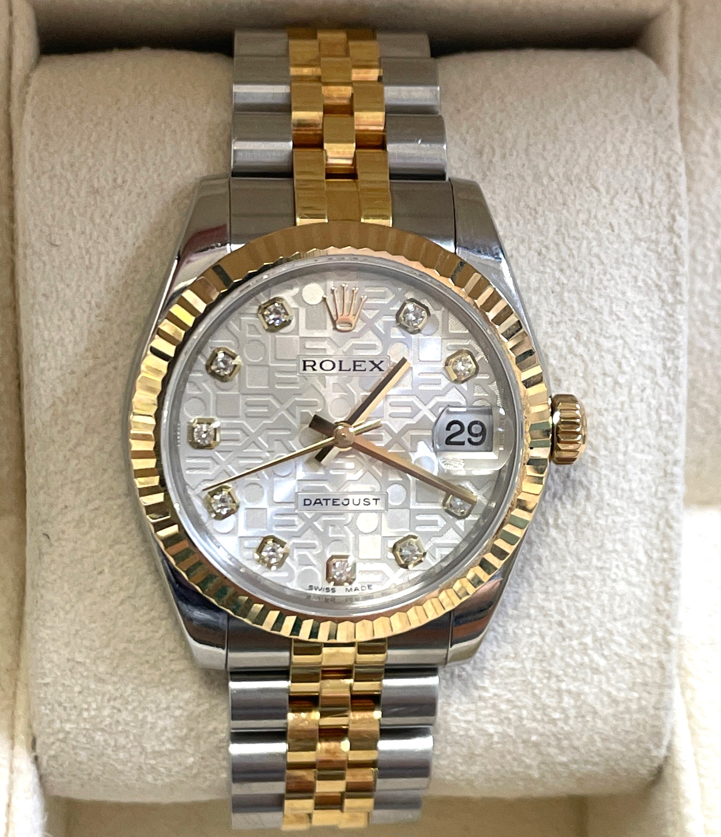 SECONDHAND ROLEX 31MM DATEJUST SILVER ANNIVERSARY DIAMOND DIAL FLUTED BEZEL JUBILEE BRACELET YELLOW ROLESOR