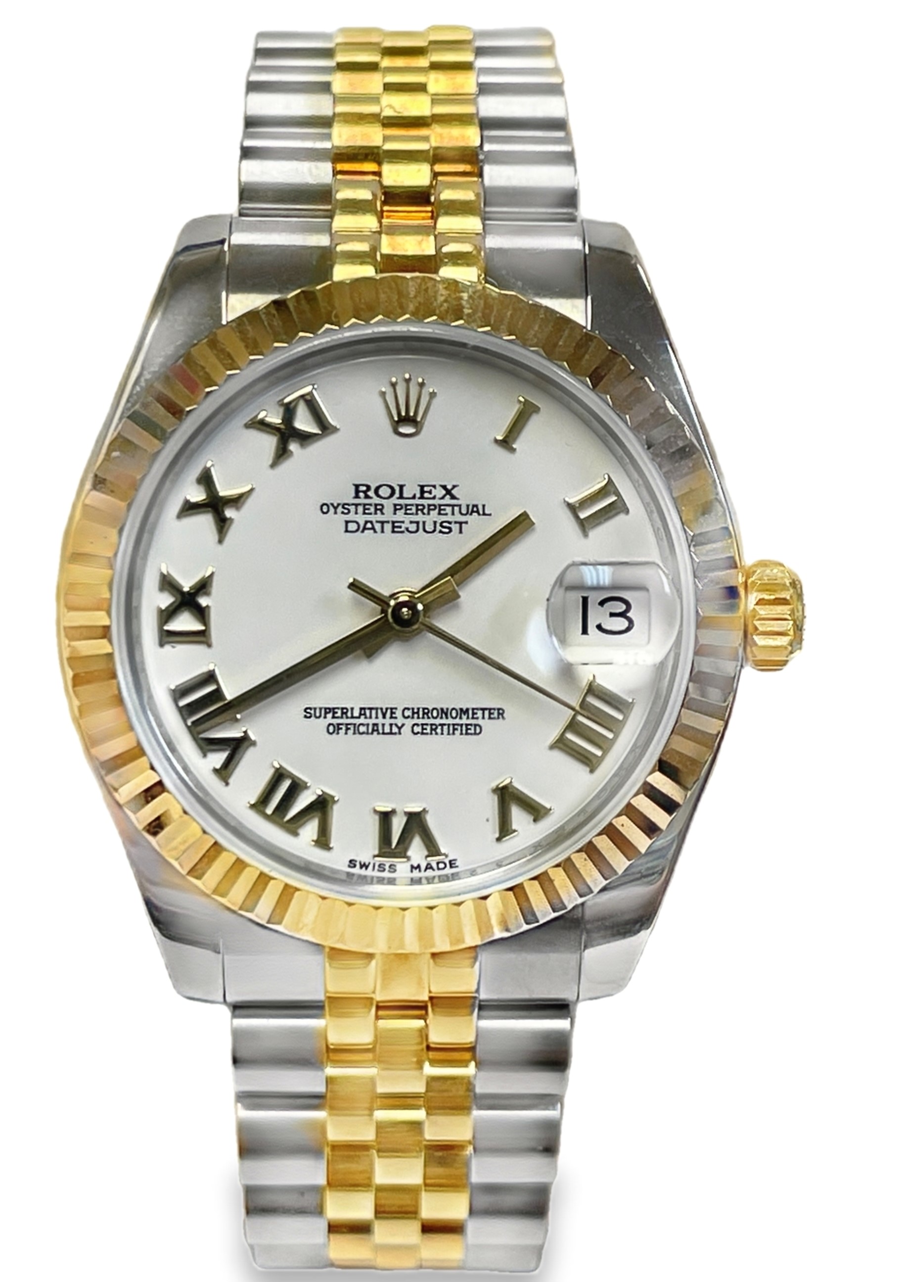 SECONDHAND ROLEX 31MM DATEJUST WHITE ROMAN DIAL JUBILEE BRACELET YELLOW ROLESOR