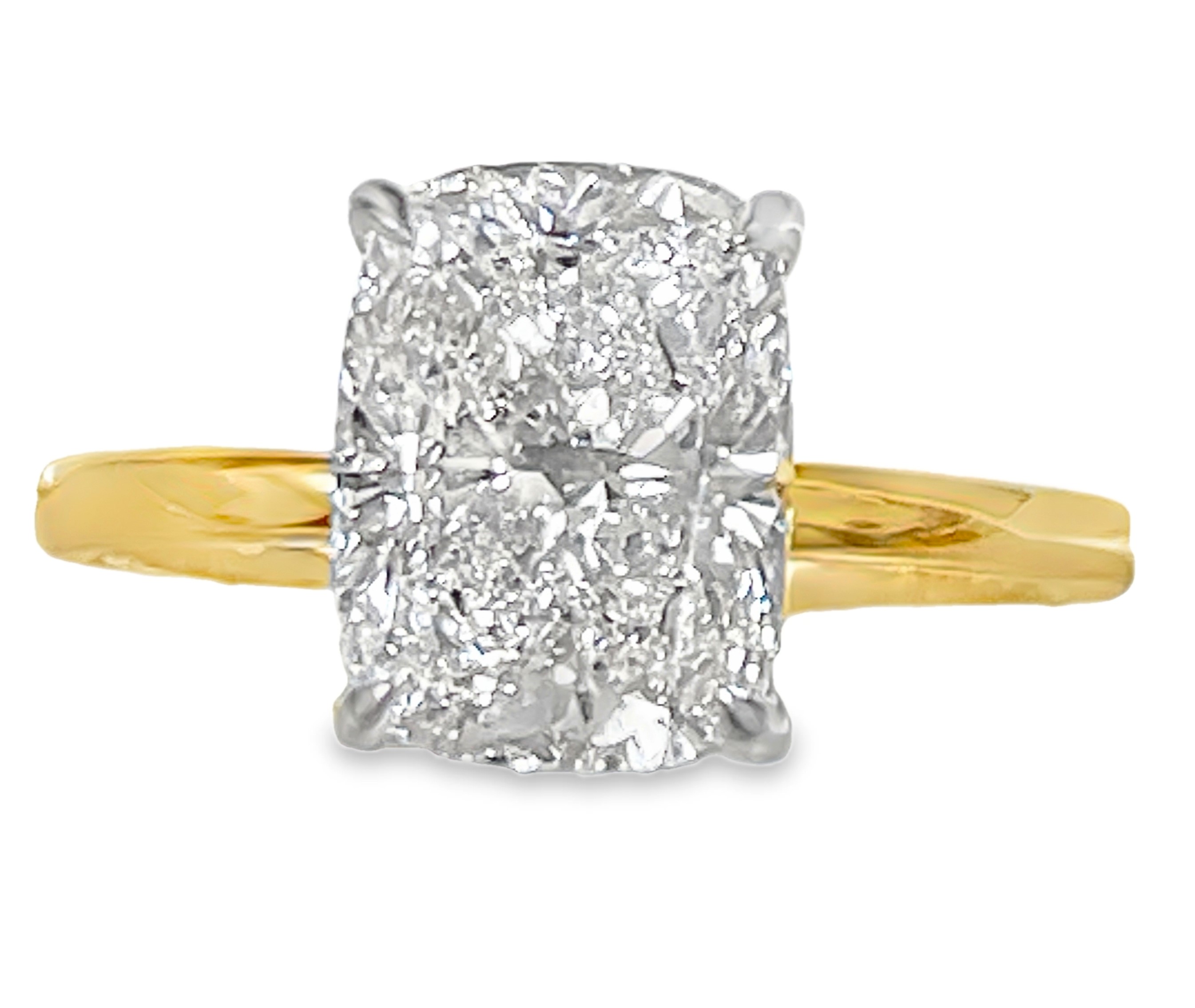 SUPER MAN MADE CREATED 3.18CTW DIAMOND ENGAGEMENT RING CONTAINING: 3.07CT 100-FACET ELONGATED CUSHION DIAMOND CENTER F VS1 FDX CERT 74245430103 + 22 ROUND HIDDEN HALO DIAMONDS .11CTW 14KY