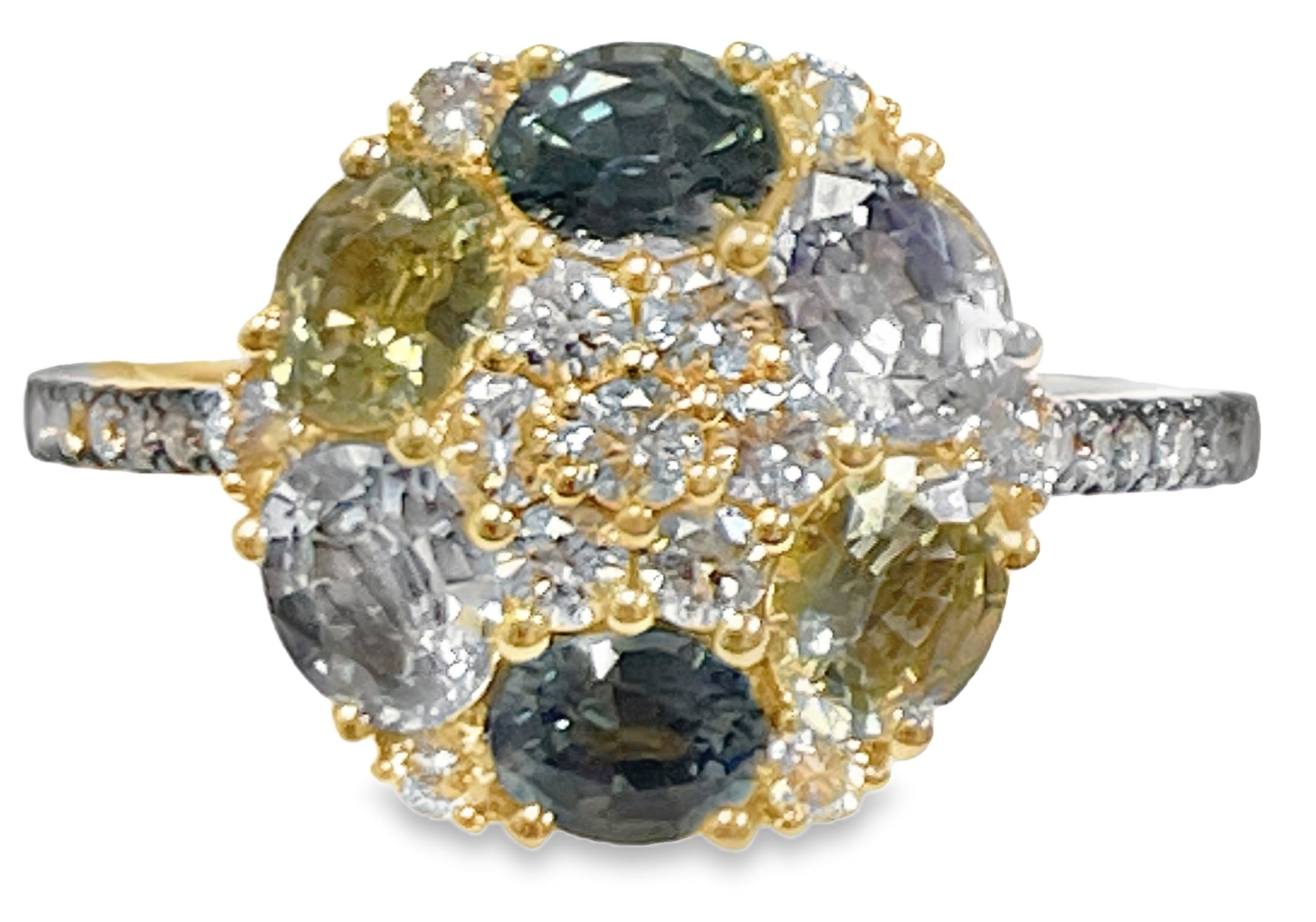 LE VIAN 1.91TGW MONTANA SAPPHIRE + DIAMOND ROUND CLUSTER RING CONTAINING: 6 OVAL MONTANA SAPPHIRES 1.50CTW + 12 ROUND CHOCOLATE DIAMONDS + 13 ROUND NUDE DIAMONDS .41TDW 14KY