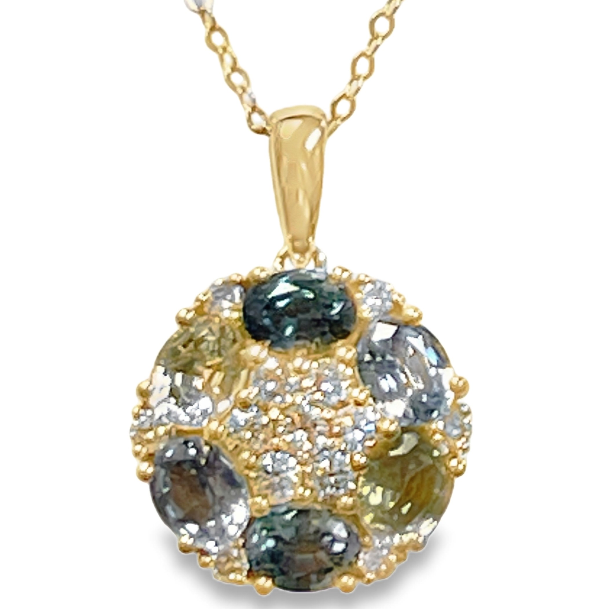 LE VIAN 1.82TGW MONTANA SAPPHIRE + DIAMOND ROUND CLUSTER PENDANT/CHAIN CONTAINING: 6 OVAL MONTANA SAPPHIRES 1.50CTW + 13 ROUND NUDE DIAMONDS .32TDW 14KY CHAIN INCLUDED