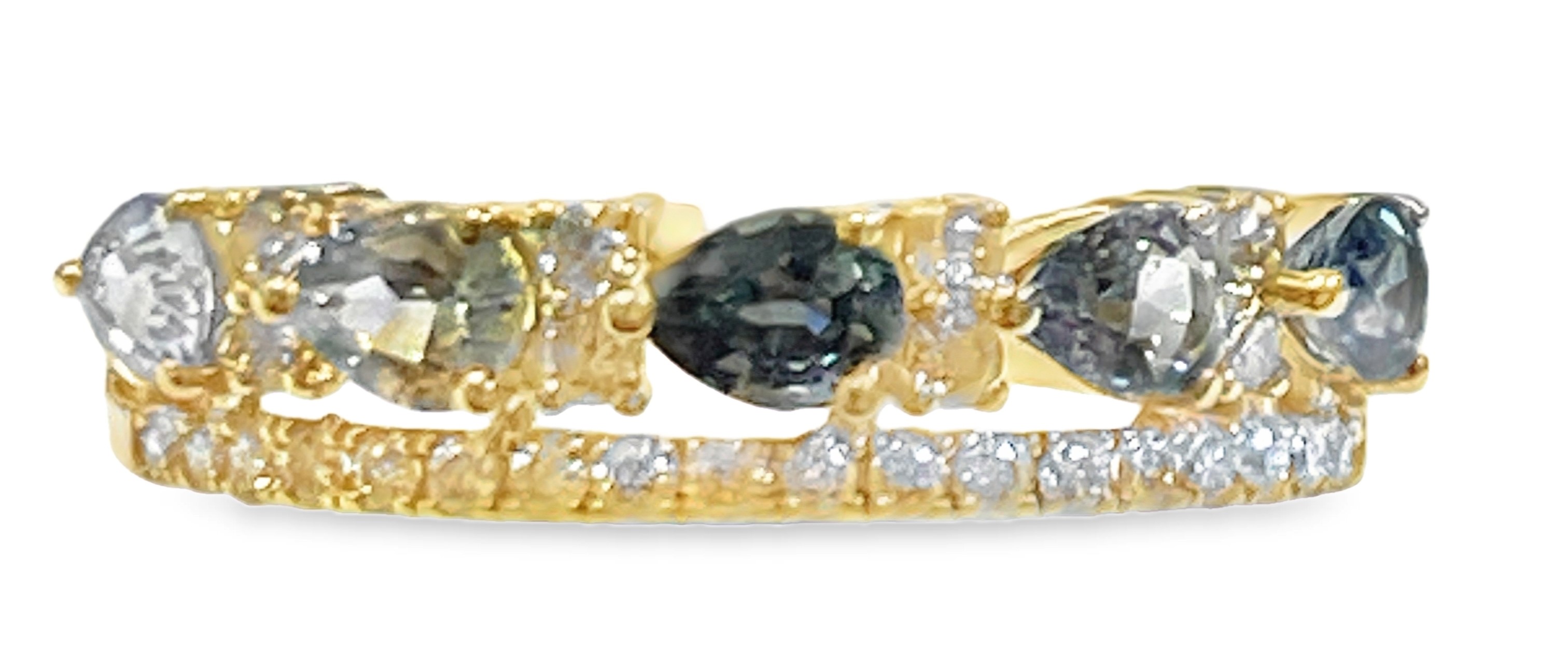 LE VIAN 1.09TGW MONTANA SAPPHIRE + DIAMOND RING CONTAINING: 5 PEAR SHAPE MONTANA SAPPHIRES .85CTW + 26 ROUND NUDE DIAMONDS .24TDW 14KY