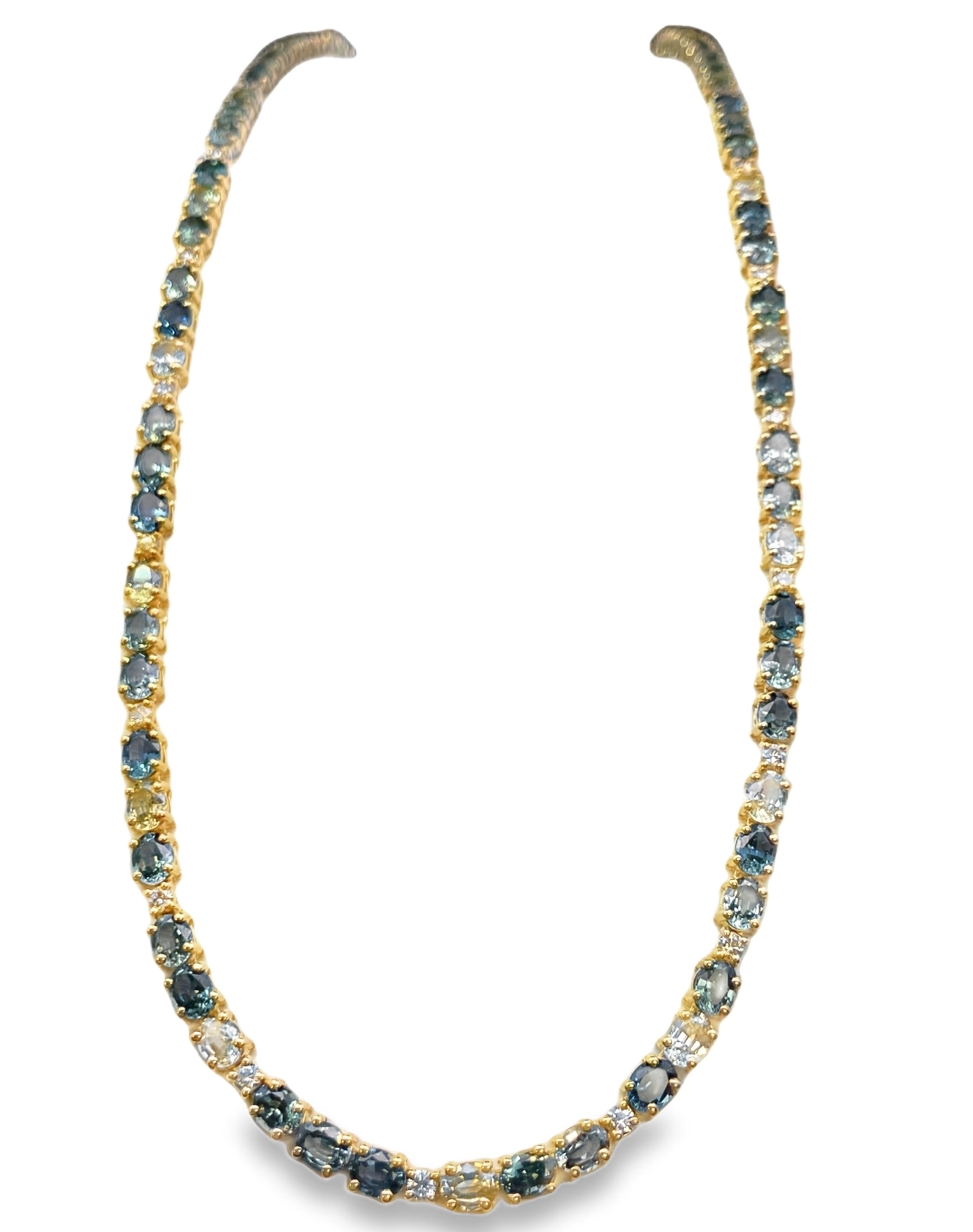 LE VIAN 21.05TGW MONTANA SAPPHIRE + DIAMOND STRAIGHT-LINE NECKLACE CONTAINING: 79 OVAL MONTANA SAPPHIRES 20.00CTW + 26 ROUND NUDE DIAMONDS 1.05TDW 14KY