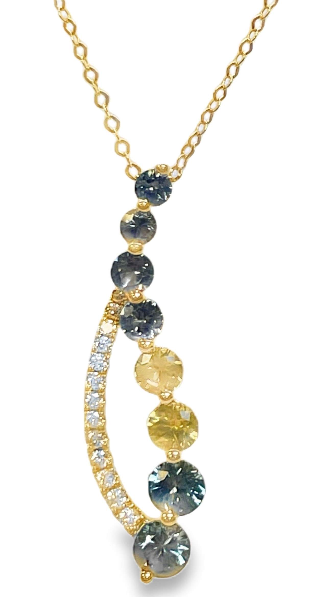 LE VIAN 1.30TGW MONTANA SAPPHIRE + DIAMOND PENDANT/CHAIN CONTAINING:  8 ROUND MONTANA SAPPHIRES 1.20CTW + 13 ROUND DIAMONDS .10TDW 14KY CHAIN INCLUDED