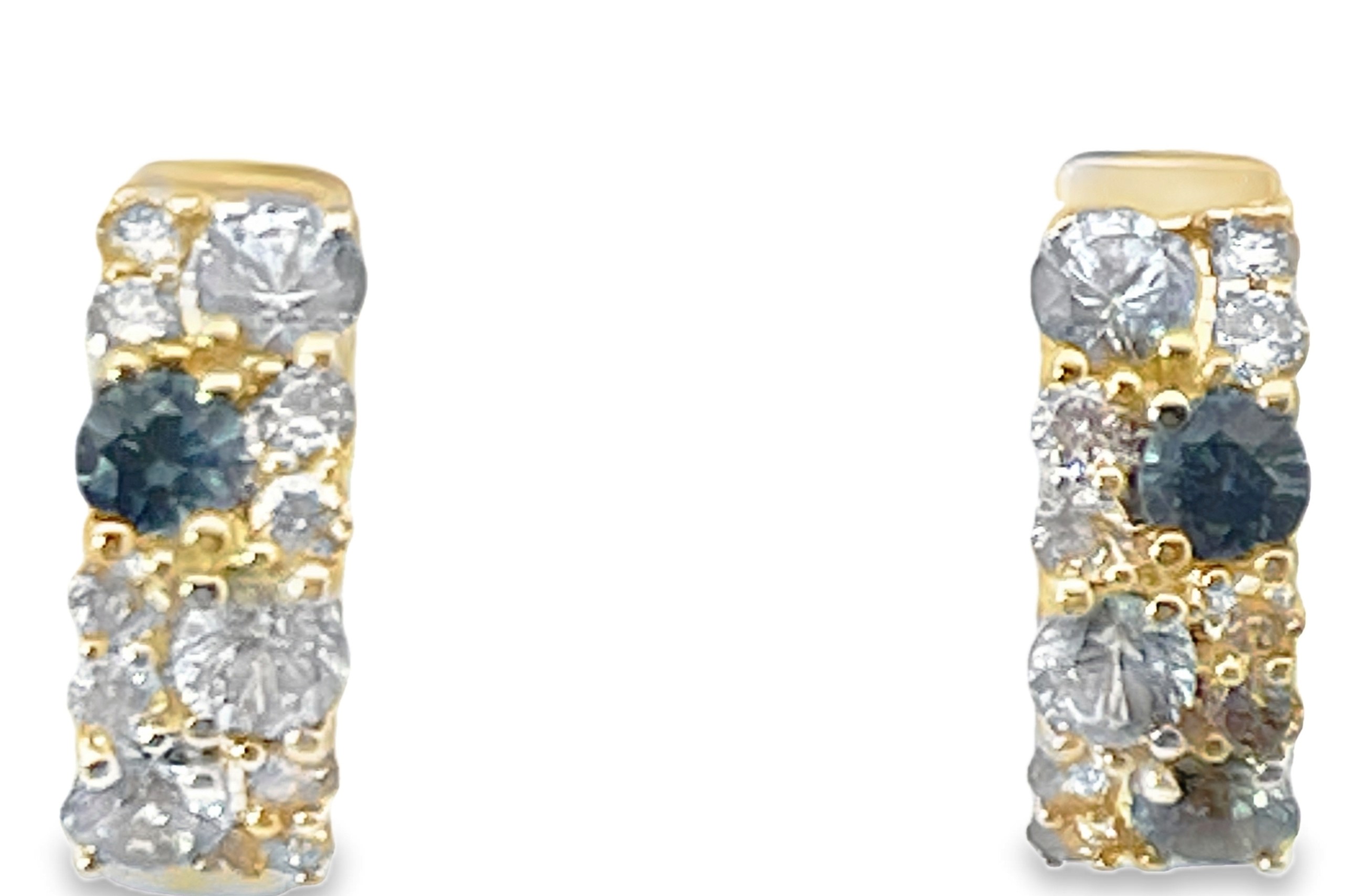 LE VIAN 1.29TGW MONTANA SAPPHIRE + DIAMOND HUGGIE HOOP EARRINGS CONTAINING: 8 ROUND MONTANA SAPPHIRES .96CTW + 16 ROUND DIAMONDS .33TDW 14KY