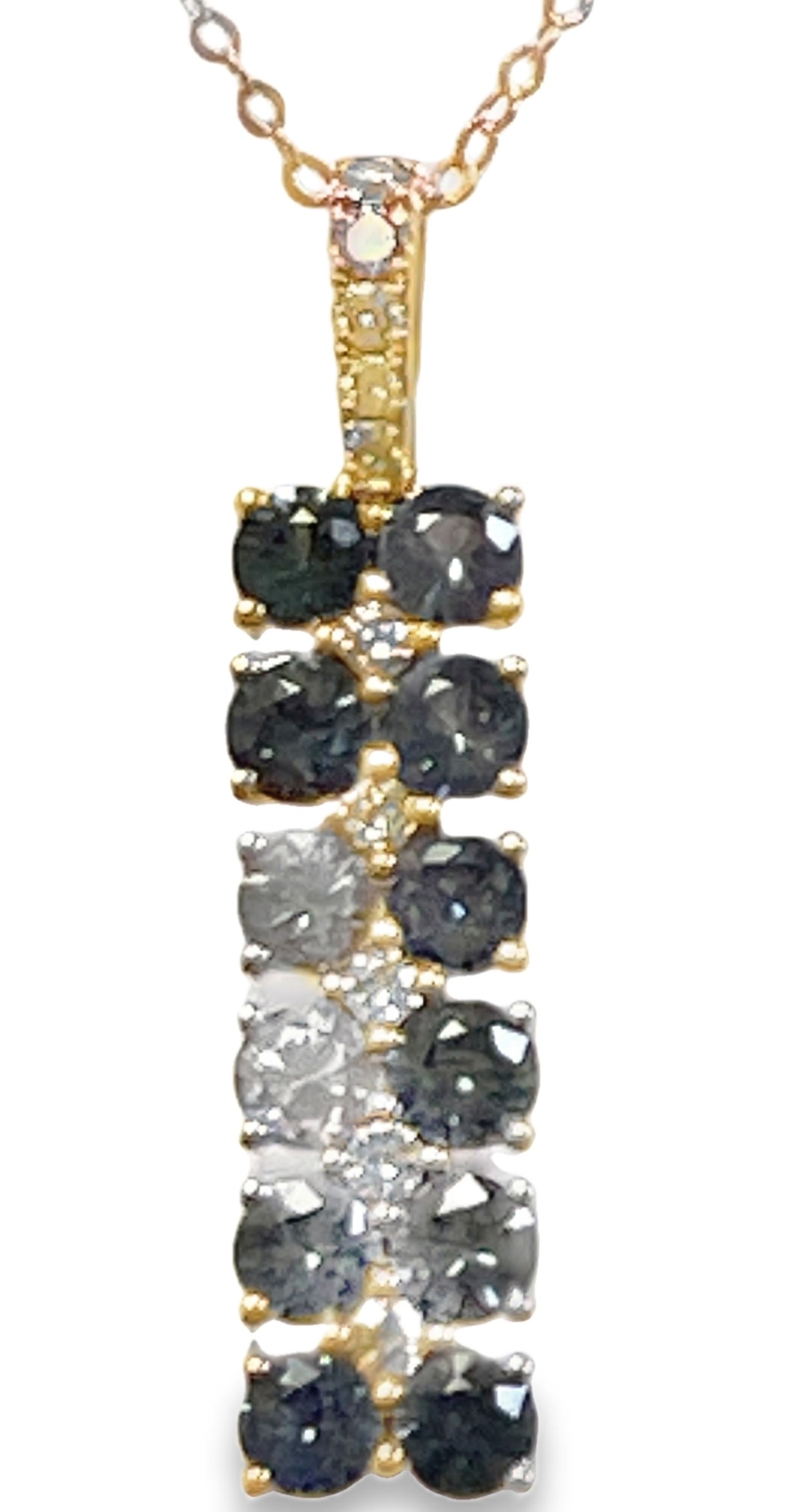 LE VIAN 1.58TGW MONTANA SAPPHIRE + DIAMOND 3-ROW DANGLING BAR PENDANT/CHAIN CONTAINING: 12 ROUND MONTANA SAPPHIRES 1.44CTW + 10 ROUND DIAMONDS .14TDW 14KR CHAIN INCLUDED