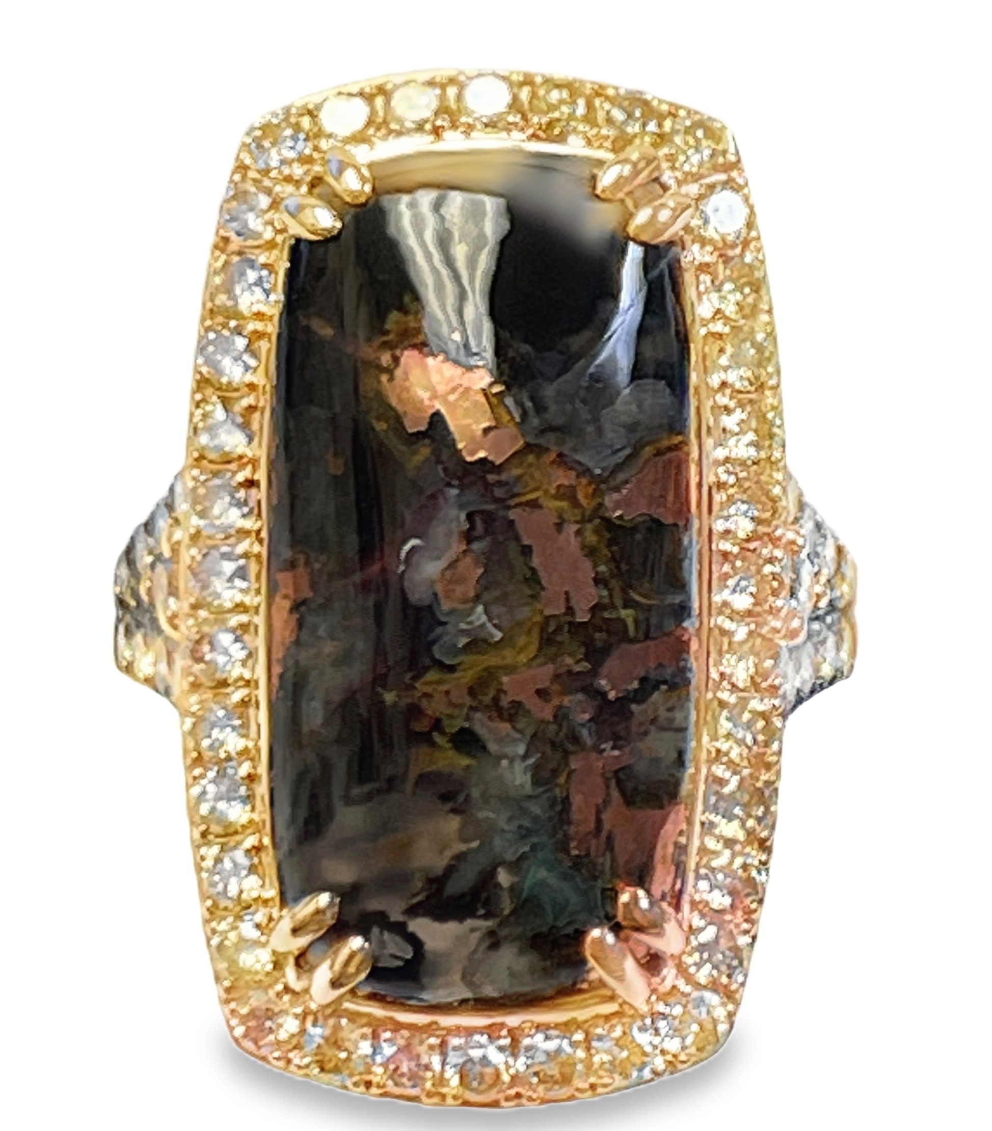 LE VIAN 12.29TGW AQUADITE + DIAMOND RING CONTAINING: 11.00CT ELONGATED CUSHION AQUADITE CENTER + 38 ROUND DIAMONDS + 16 ROUND CHOCOLATE DIAMONDS 1.29TDW 14KR