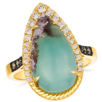 LE VIAN 5.65TGW AQUAPRASE + DIAMOND HALO RING CONTAINING: 5.30CT PEAR SHAPE AQUAPRASE + 23 ROUND DIAMONDS + 6 ROUND CHOCOLATE DIAMONDS .35TDW 14KY