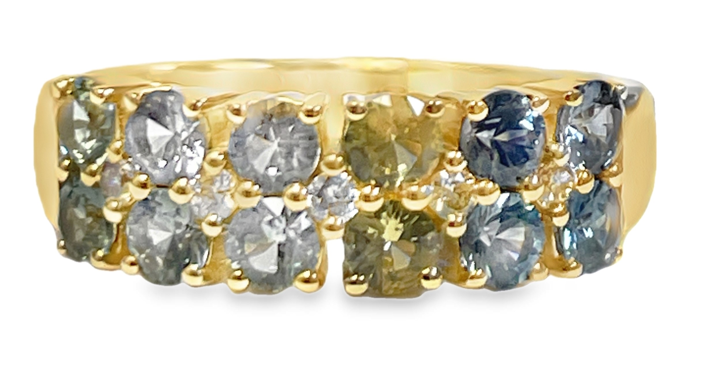 LE VIAN 1.52TGW MONTANA SAPPHIRE + DIAMOND 3-ROW RING CONTAINING: 12 ROUND MONTANA SAPPHIRES 1.44CTW + 5 ROUND DIAMONDS .08TDW 14KY