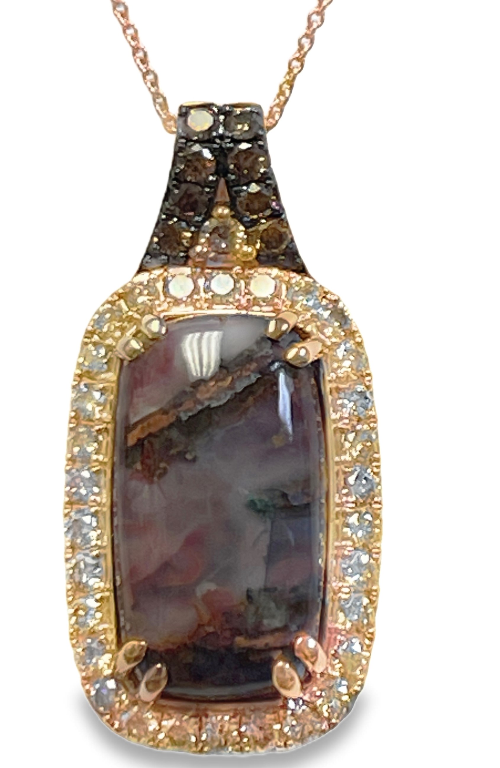 LE VIAN 7.91TGW AQUADITE + DIAMOND HALO PENDANT/CHAIN CONTAINING: 7.00CT ELONGATED CUSHION AQUADITE + 31 ROUND DIAMONDS + 8 ROUND CHOCOLATE DIAMONDS .91TDW 14KR CHAIN INCLUDED