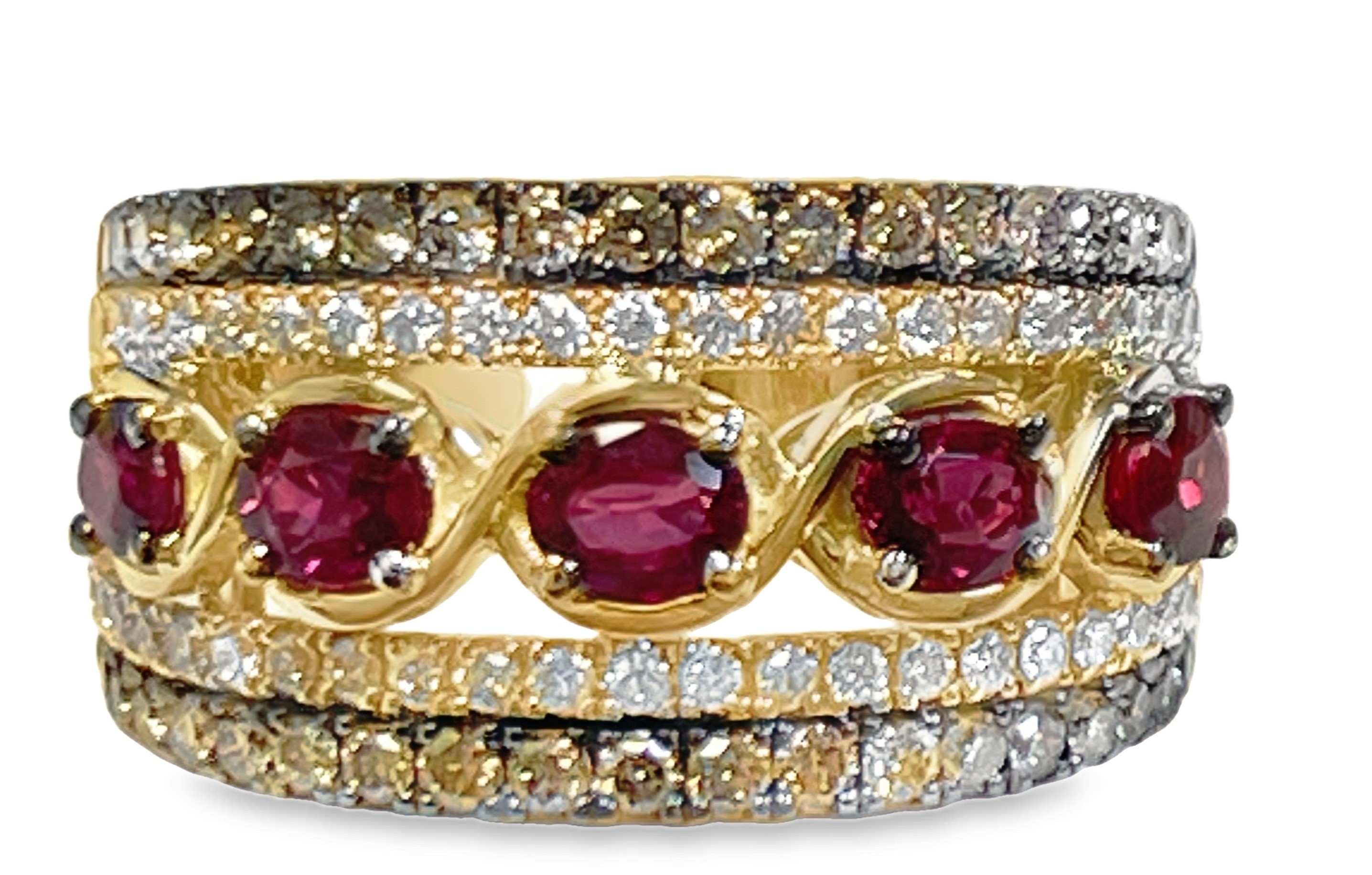 LE VIAN 1.56TGW RUBY + DIAMOND 5-ROW RING CONTAINING: 5 OVAL RUBIES CENTER ROW .80CTW + 46 ROUND DIAMONDS + 38 ROUND CHOCOLATE DIAMONDS .76TDW 14KY