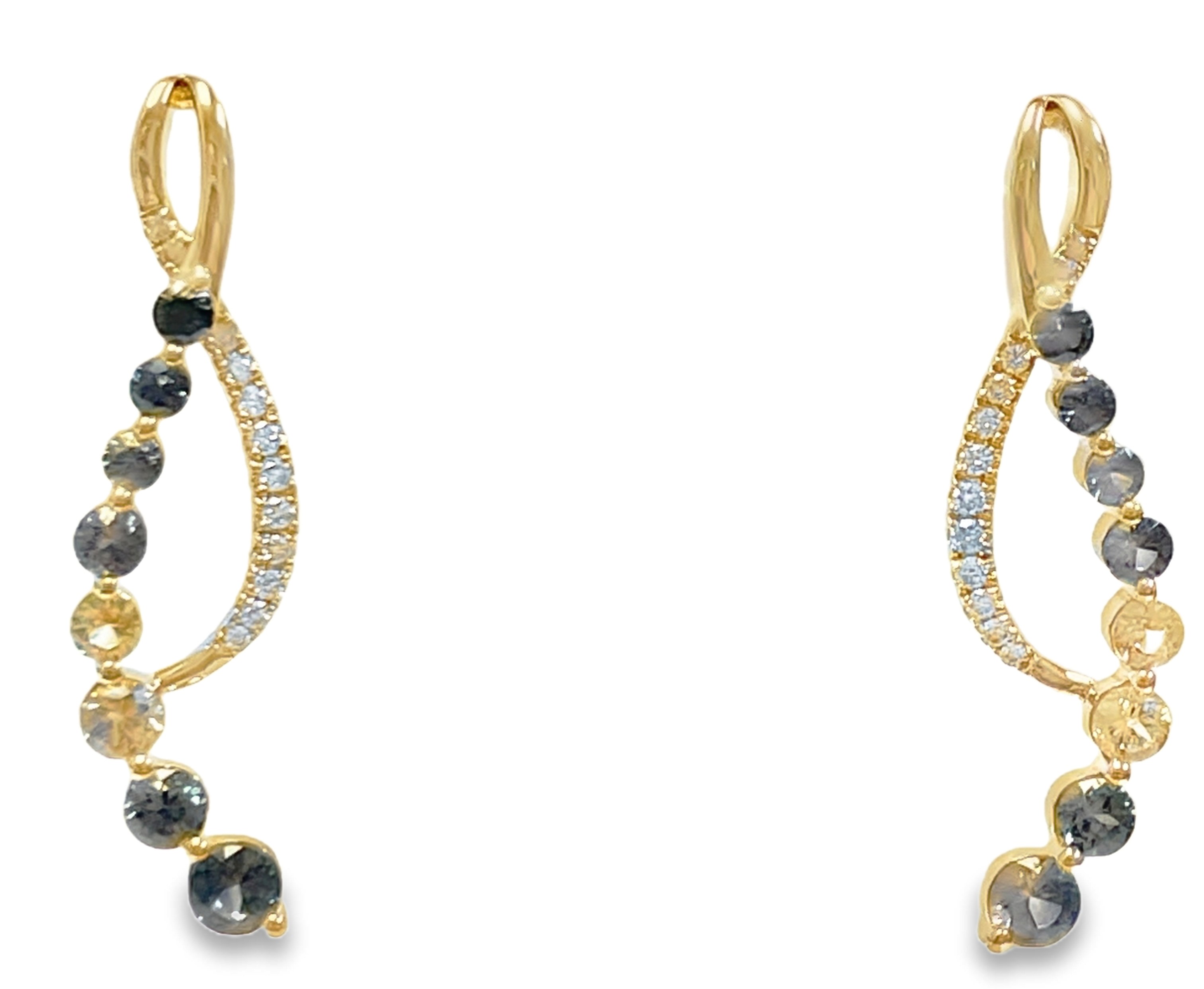 LE VIAN 2.44TGW MONTANA SAPPHIRES + DIAMONDS FANCY DOUBLE LOOP EARRINGS CONTAINING: 16 ROUND MONTANA SAPPHIRES 2.20CTW + 24 ROUND DIAMONDS .24TDW 14KY