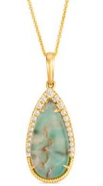 LE VIAN AQUAPRASE + DIAMOND HALO PENDANT/CHAIN CONTAINING: 6.00CT PEAR SHAPE AQUAPRASE CENTER + 23 ROUND DIAMONDS .24TDW 14KY CHAIN INCLUDED