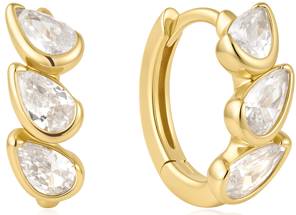 ANIA HAIE HALF-BEZEL TEARDROP OVAL GOLD TONE HUGGIE HOOP EARRINGS