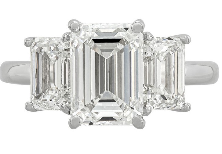SUPER MAN MADE CREATED 5.20CTW 3-STONE ENGAGEMENT RING 14KW  CONTAINING: 3.05CT EMERALD CUT DIAMOND CENTER F VS1IGI LG636429116 + 1.08CT EMERALD CUT DIAMOND E VVS2 IGI LG573300652 + 1.07CT EMERALD CUT DIAMOND E VVS2 IGI LG621466043.