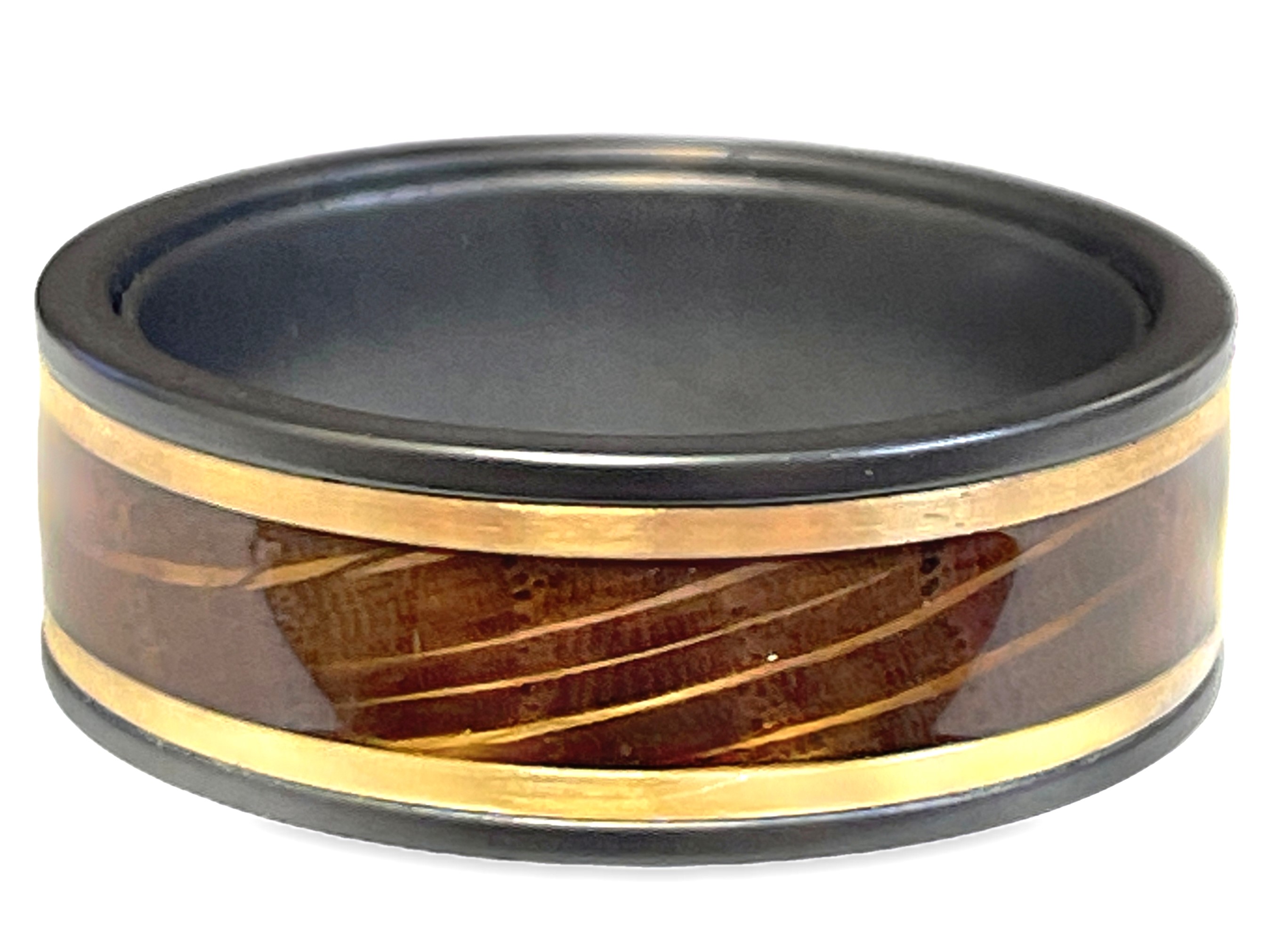 GTS 8MM ZIRCONIUM FLAT MATTE BAND W/1MM 14KY INLAY 4MM WHISKEY BARREL WOOD INLAY 1MM 14KY INLAY SIZE 10