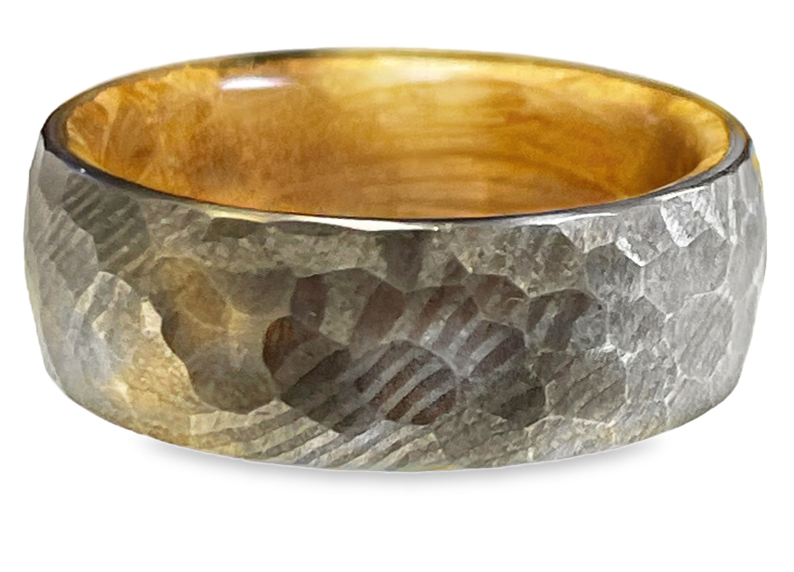 GTS 8MM DAMASCUS DOME HAMMERED BAND WITH WHISKEY BARREL WOOD SLEEVE SIZE 10
