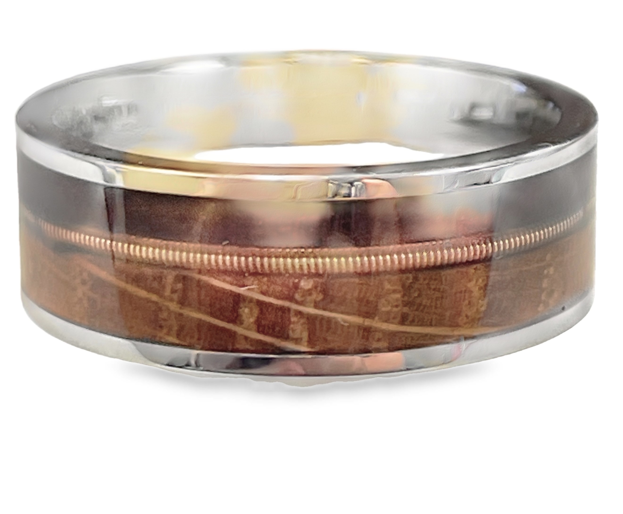 GTS 8MM COBALT FLAT POLISH BAND WITH 3MM WHISKEY BARREL/1MM BRONZE GUITAR STRING/2MM BROWN FLASK LEATHER INLAYS SIZE 10