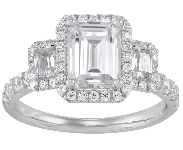 SUPER MAN MADE CREATED 3.03CTW "3-STONE" ENGAGEMENT RING CONTAINING: 2.03CT EMERALD CUT CENTER G VS1 IGI LG546205150 + 2 BAGUETTE DIAMONDS + 70 ROUND MELEE DIAMONDS 1.00CTW 14KW