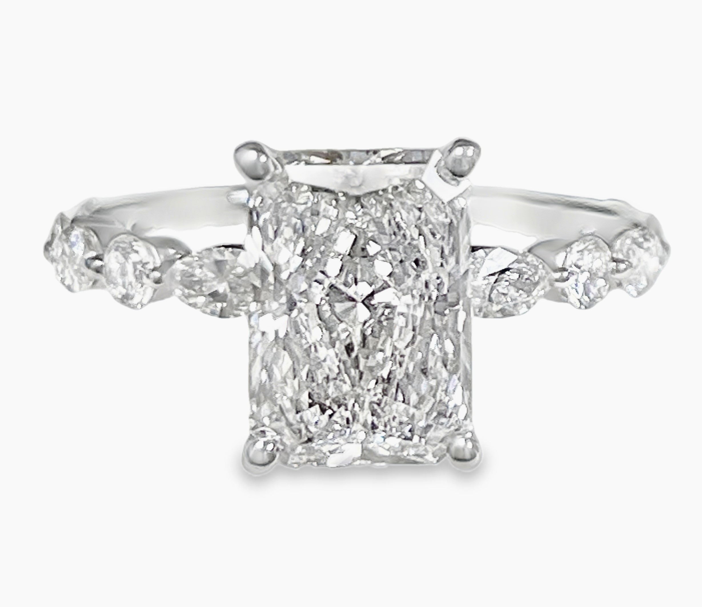 SUPER MAN MADE CREATED 3.91CTW DIAMOND ENGAGEMENT RING CONTAINING: 3.07CT 100 FACET RADIANT CUT DIAMOND F VS1 FCS CERT 74426440105 + 6 MARQUISE DIAMONDS + 4 ROUND MELEE DIAMONDS .87CTW 14KW