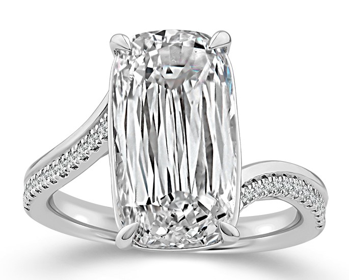 SUPER MAN MADE CREATED "BYPASS" ENGAGEMENT RING CONTAINING: 6.08CT CUSHION MIXED CUT CENTER DIAMOND E VVS2 IGI LG799632967 + 24 ROUND MELEE DIAMONDS 1/6CTW 14KW