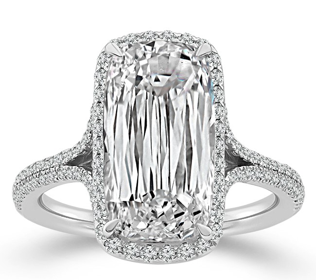 SUPER MAN MADE CREATED SPLIT-SHANK ENGAGEMENT RING: 5.05CT CUSHION MIXED CUT CENTER DIAMOND + 98 ROUND MELEE DIAMONDS 3/8CTW 14KW