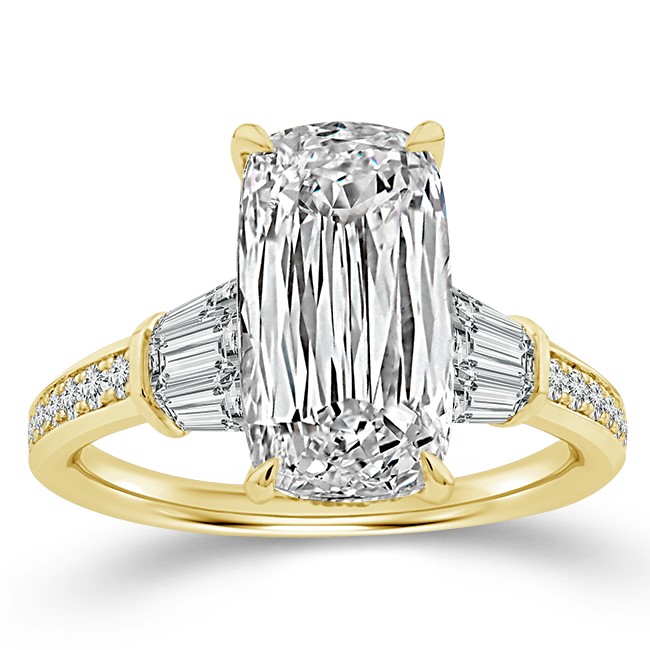 SUPER MAN MADE CREATED "3-STONE" ENGAGEMENT RING: 4.11CT CUSHION MIXED CUT DIAMOND F VVS2 IGI LG799632969 + 6 TAPERED BAGUETTE DIAMONDS + 40 ROUND MELEE DIAMONDS 1 1/5CTW 14KY