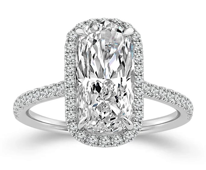 SUPER MAN MADE CREATED HALO ENGAGEMENT RING CONTAINING: 3.16CT CUSHION MODIFIED BRILLIANT DIAMOND E VS1 IGI LG799632404 + 48 ROUND MELEE DIAMONDS 3/8CTW 14KW