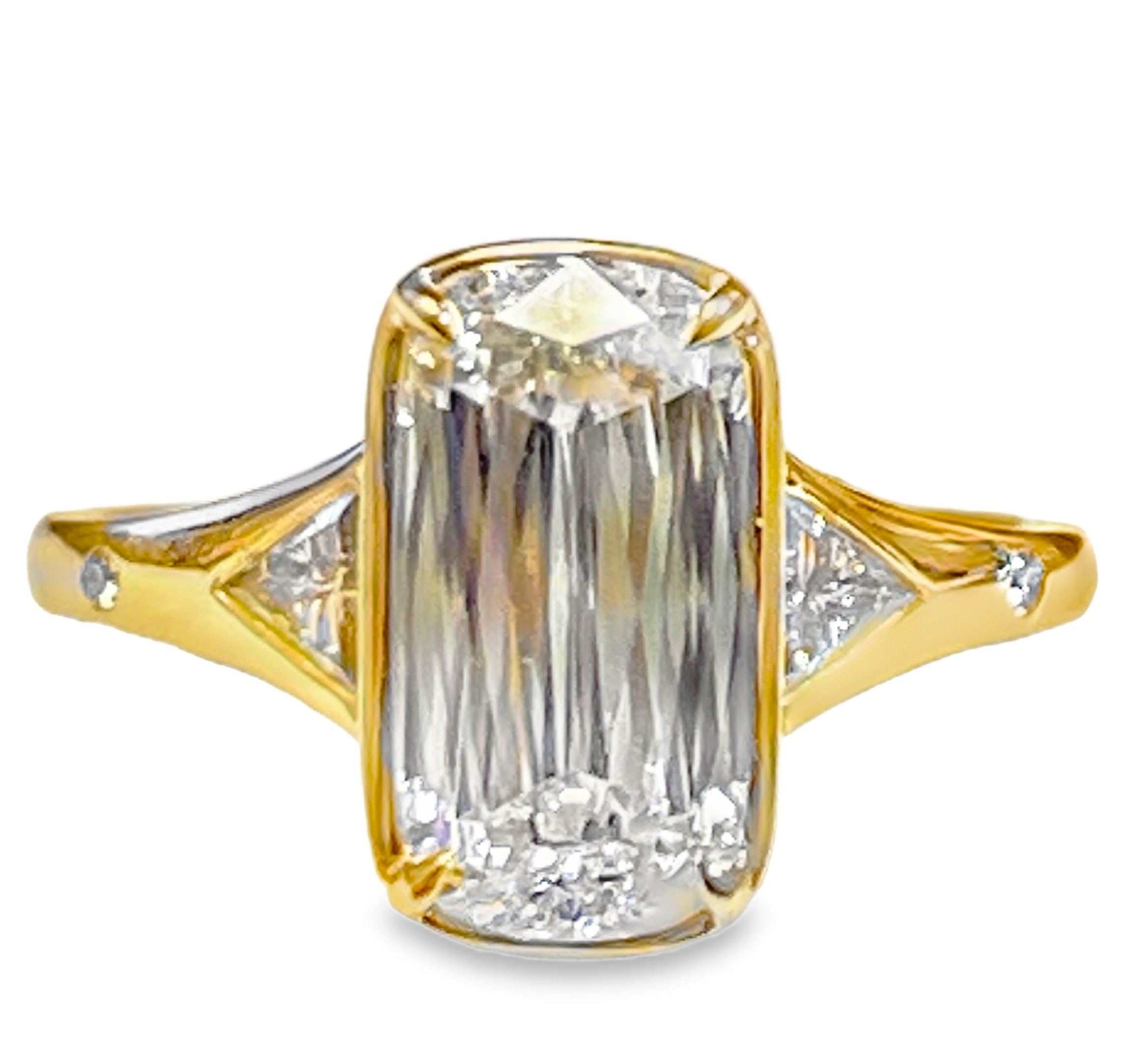 SUPER MAN MADE CREATED 3-STONE RING: 3.08CT CUSHION MIXED CUT DIAMOND E VS1 IGI LG794606680 + 2 TRILLION DIAMONDS 1/3CTW 14KY